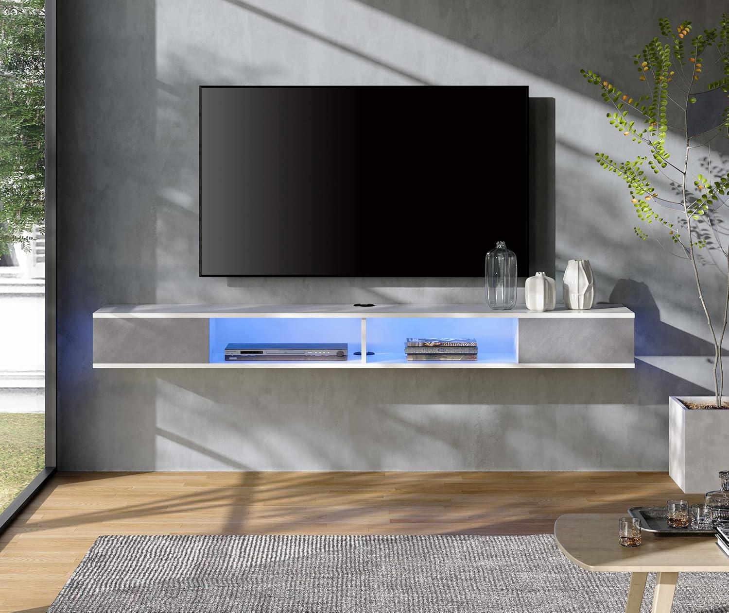 WAMPAT Floating TV Stand with Led Lights, 70" Floating Entertainment Center Up to 80 Inch TVS, Led TV Stand Wall Mounted with Storage, Media Console Shelf for Living Room, Bedroom, Under TV Shelf
