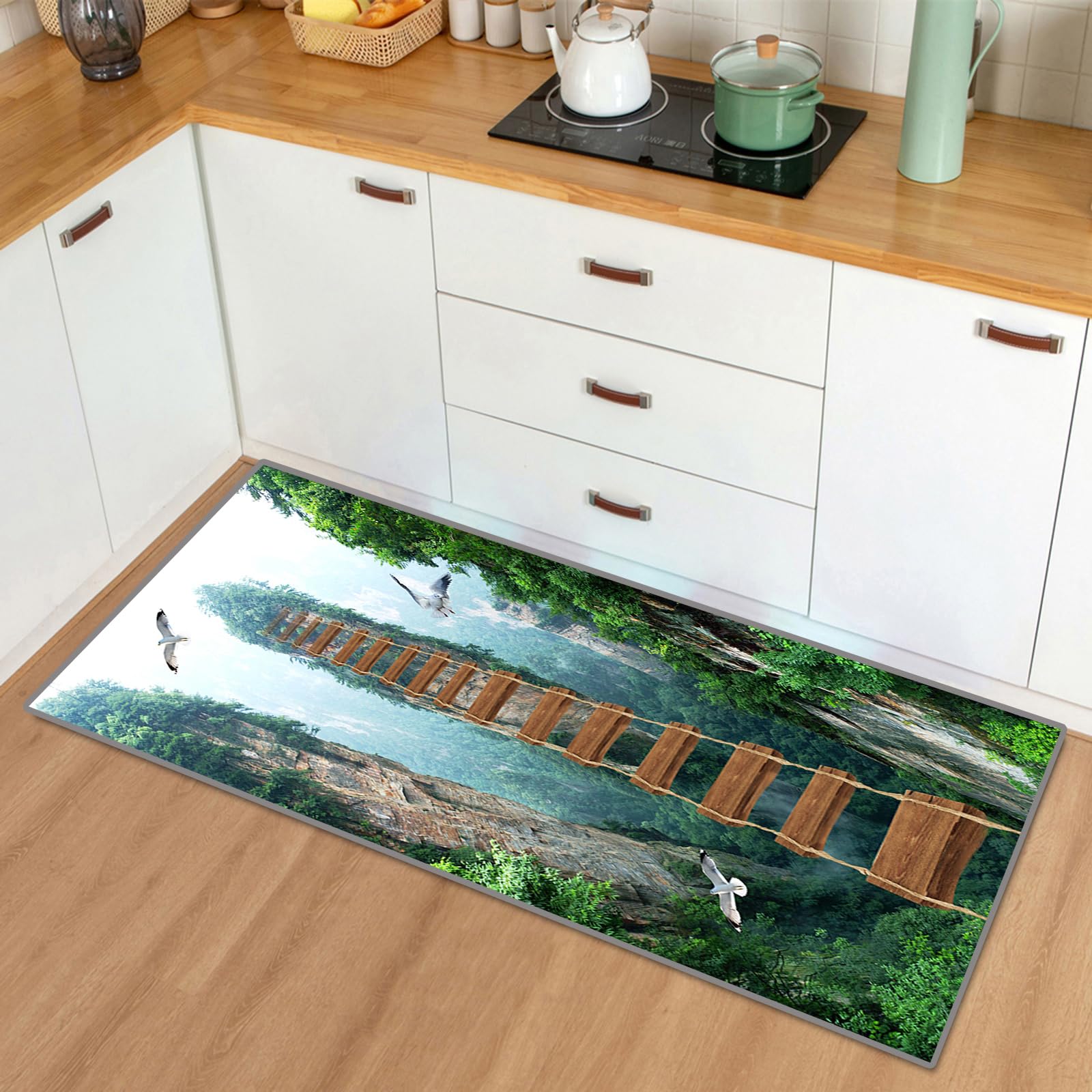 3D Illusion Teppich Läufer Flur Grün 60x300 cm rutschfest Waschbar Küchenteppich Lang Flurläufer Meterware Für Korridor Eingangsbereich Schlafzimmer Wohnzimmer Teppichmatten Anpassbar