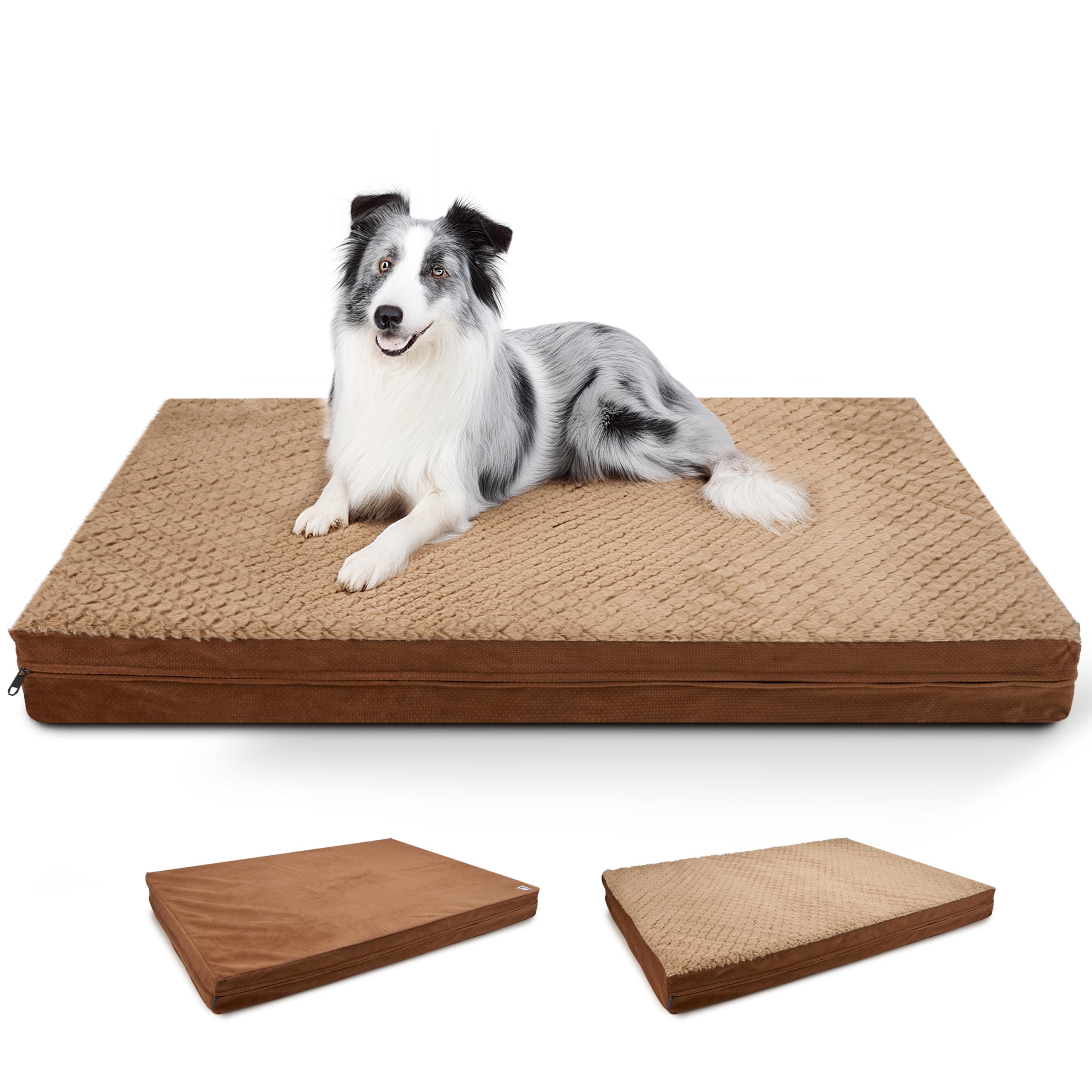 Reversible Waterproof Orthopedic Dog Beds for Extra Large Dogs, XLarge Dog Beds with Removable Washable Cover, Egg Crate Foam Pet Mat for Dogs Weighing Up to 100 lbs, Brown