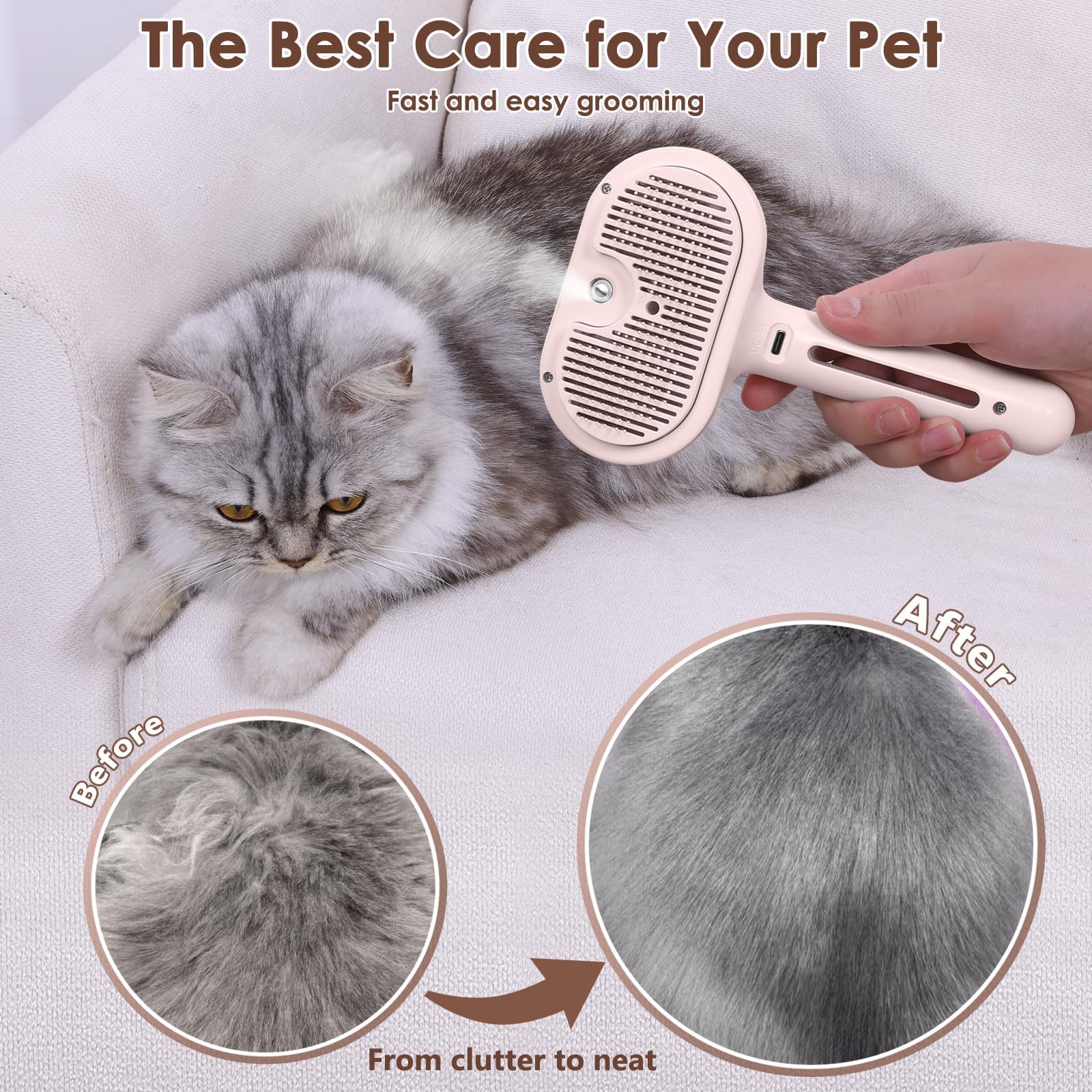 CIBKJ Cat Steam Brush For Cats Anti-Static Cat Brush Removes Flying Hair with Release Button and Tank Rechargeable Steamy - Pink - Image 4