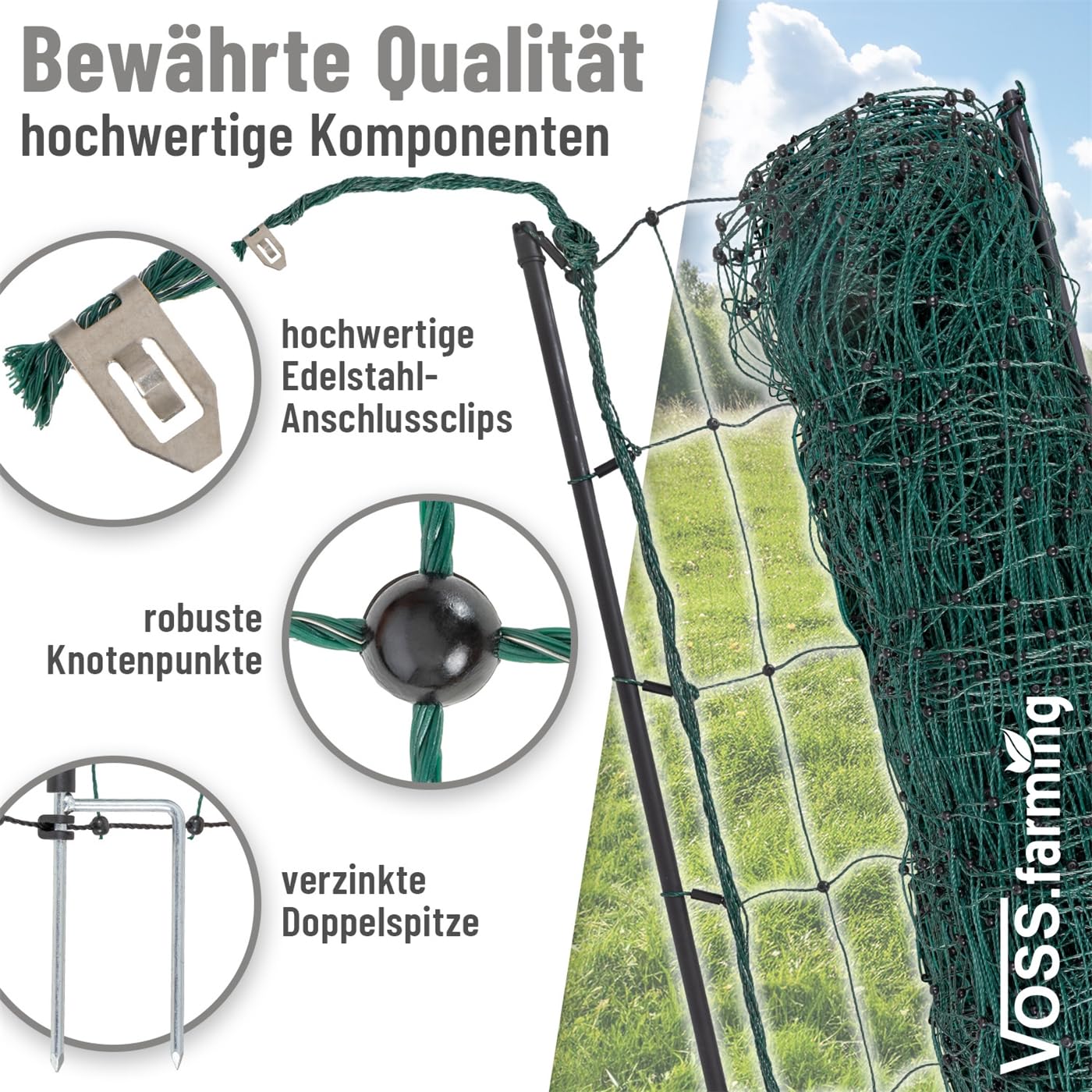 VOSS.farming 15m Hundezaun, Katzenzaun, Hühnerzaun, Geflügelzaun, Geflügelnetz, 112cm, 6 Pfähle, 2 Spitzen, grün Classic