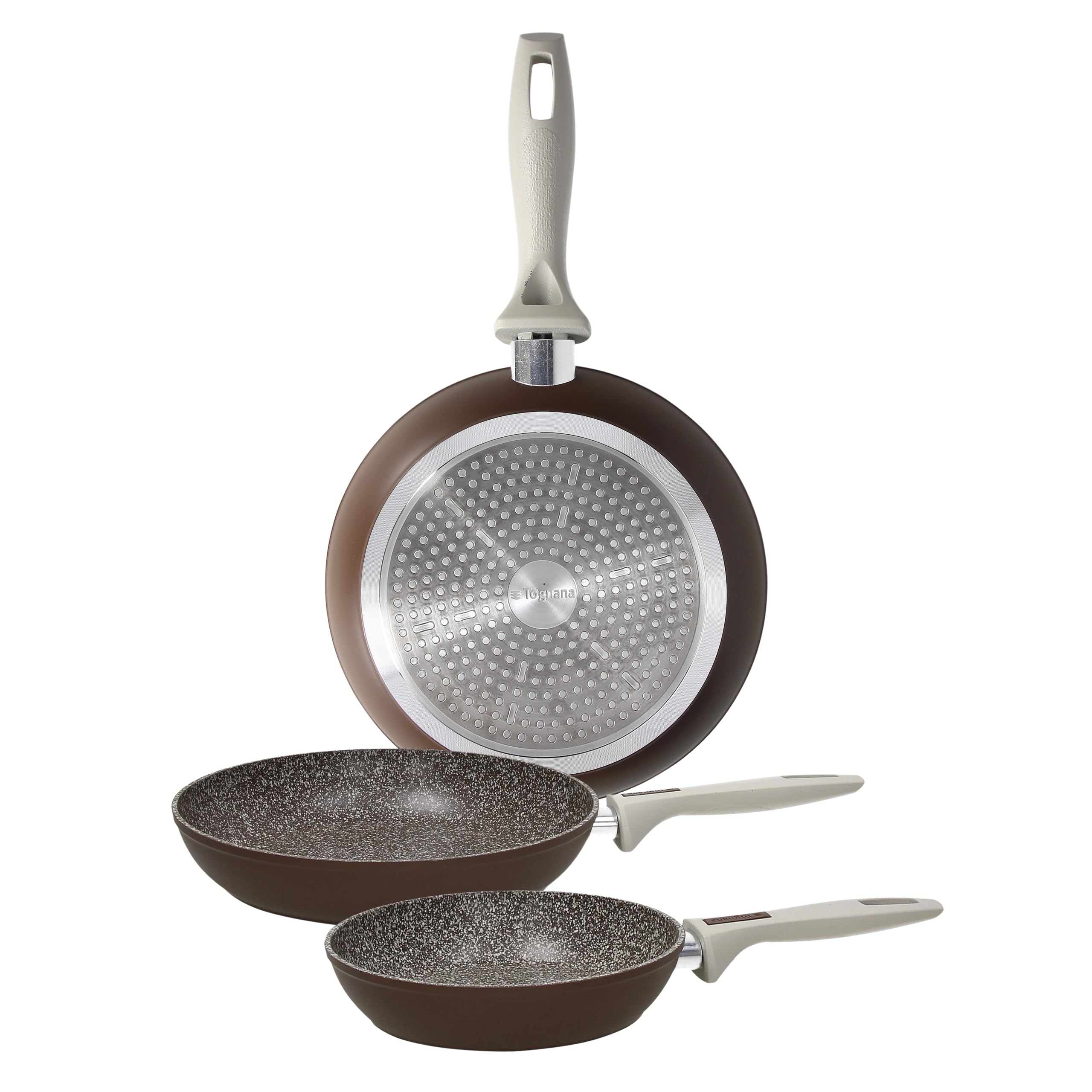 Tognana Pearlbrown Stone, Set of 3 Frying Pans Cm20/24/28, Forged Aluminium, Brown