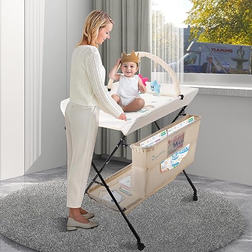 Miniatura 2 de Palomacleo Cambiador portátil para bebé, cambiador de pañales impermeable con ruedas, estación de pañales plegable de altura ajustable con cinturón