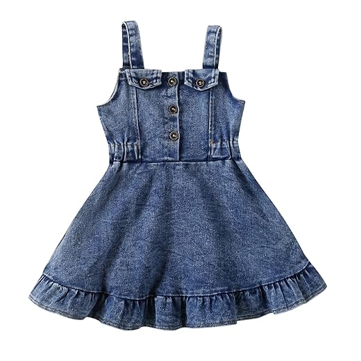 Gaono Vestido de verão para meninas, vestido jeans com babados, sem mangas, alças plissadas, evasê, em camadas, vestido jeans rodado