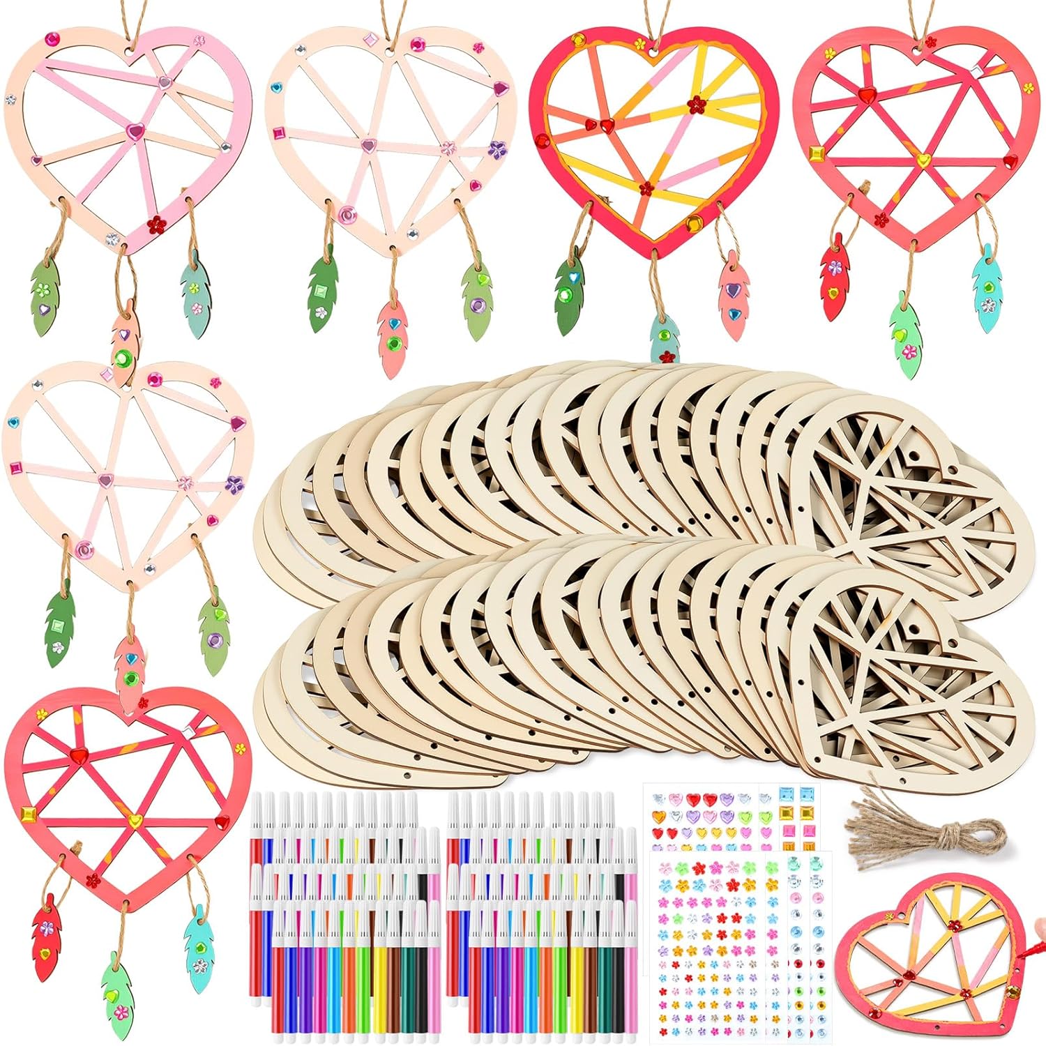 Blueweenly 48 Pcs Heart Wind Chime Crafts Kit for Kids Valentines Wooden Heart Dream Catcher Crafts Kit, Painting Your Own Valentines DIY Wooden Suncatchers Craft for School Classroom Church Party