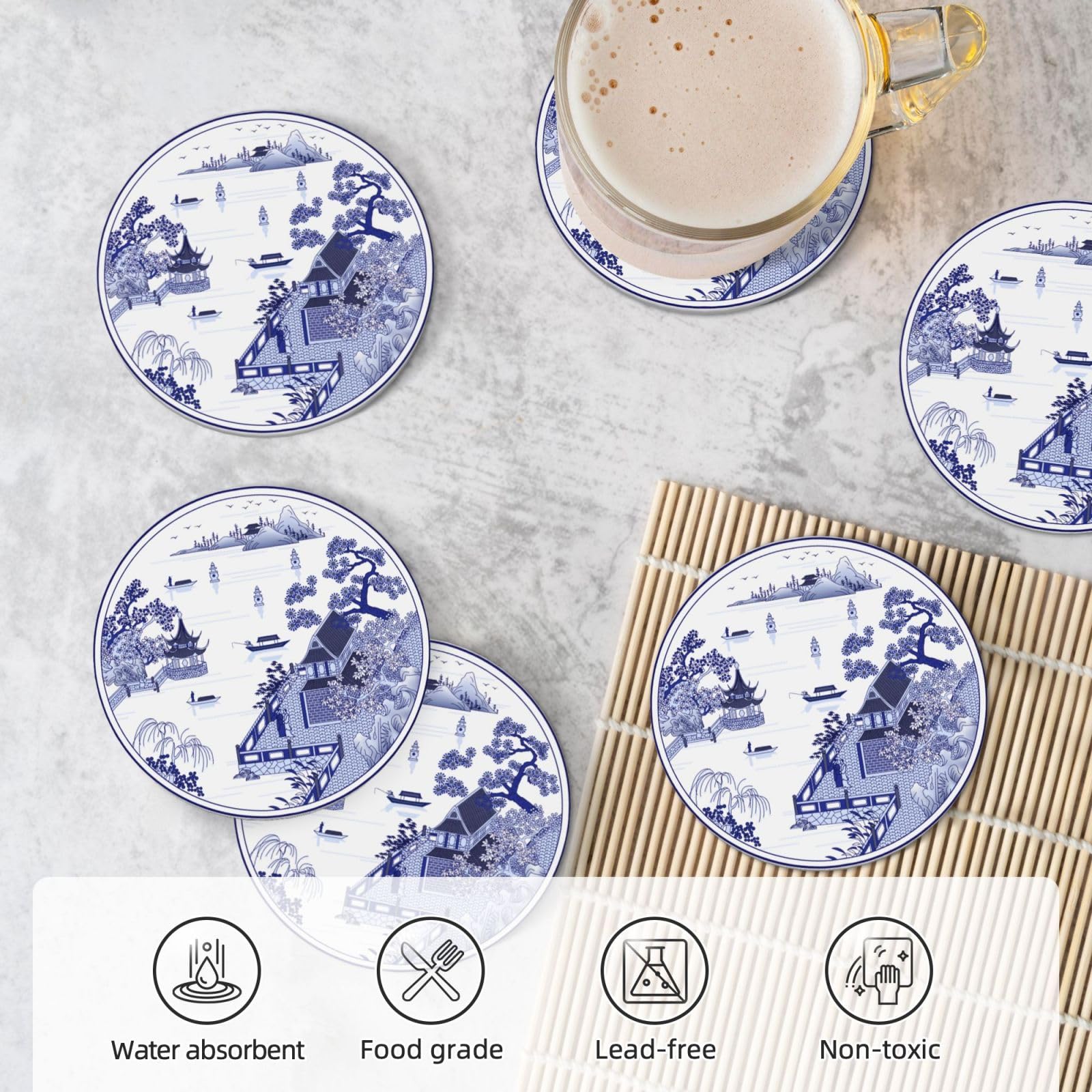 FYSUIMU 6-Pack Floral Coasters – Blue & White Ceramic With Cork Back, 4.1x4.1 Inch, Absorbent Table Protectors
