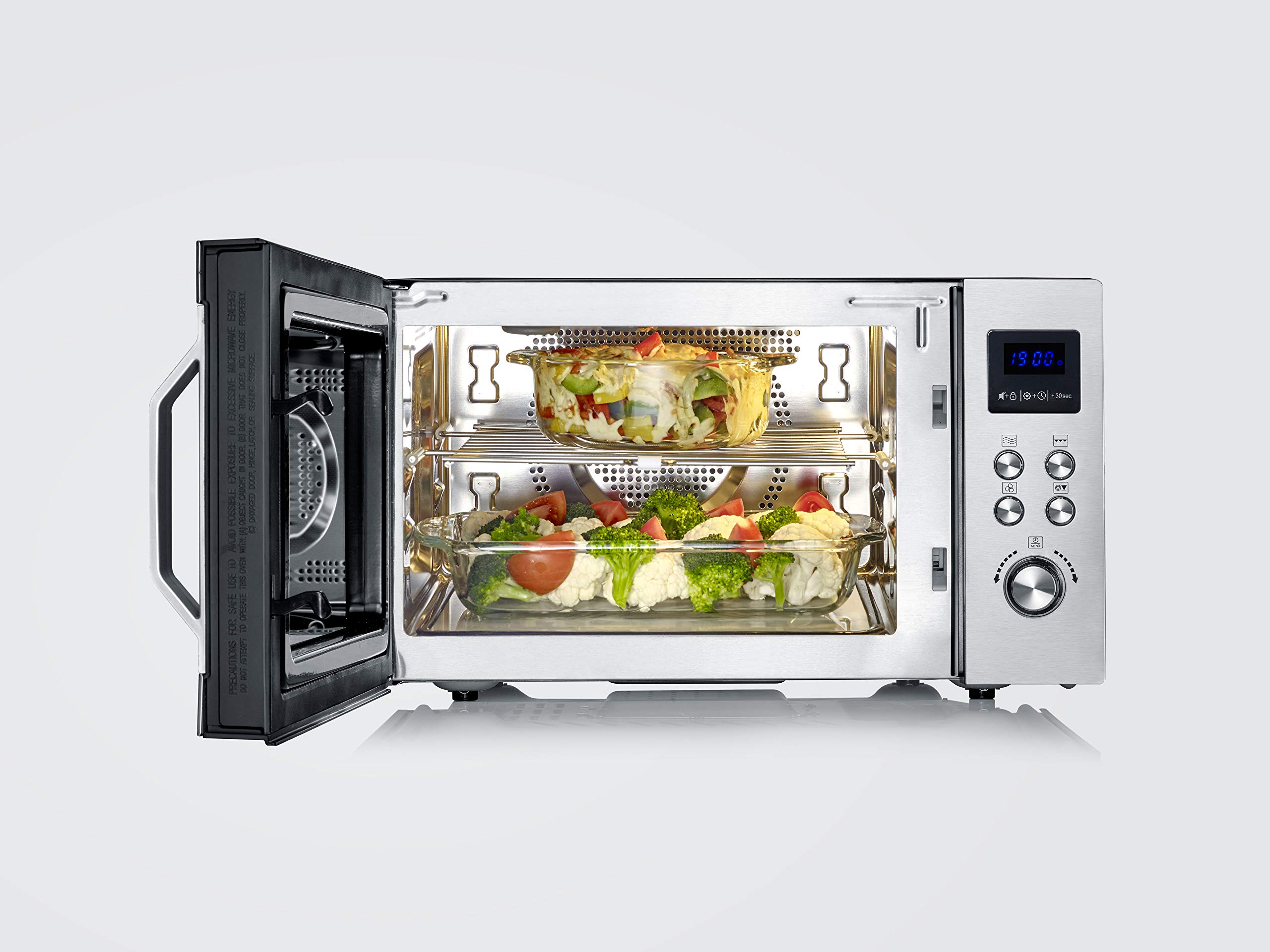 SEVERIN Forno a Microonde 3in1 con Base in Vetro, Flatbed per Piatti Grandi, Funzione Grill e Aria Calda, Ampio Spazio Interno per Teglie Quadrate, Nero e Acciaio Inox - MW 7777