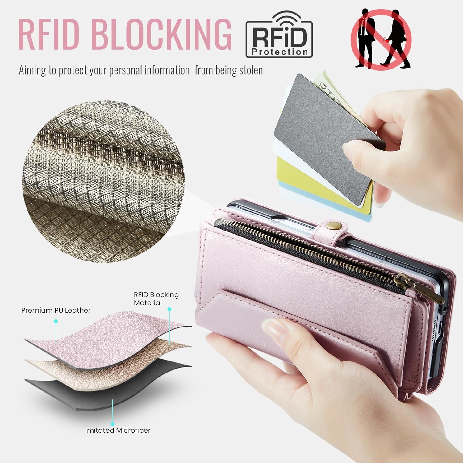 Asuwish Phone Case for Samsung Galaxy Z Fold 7 Zipper Wallet Cover with S Pen Slot and Wrist Strap Flip RFID Blocking Credit Cash Card Holder Cell Accessories ZFold Z7 G Fold7 7Z Women Girls Rose Gold
