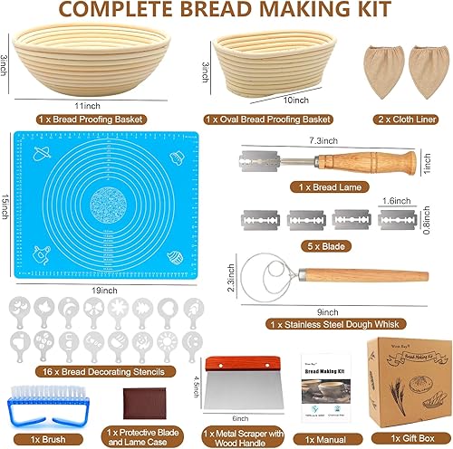 Miniatura 2 de Juego de cestas redondas de 11 pulgadas y 10 pulgadas ovaladas a prueba de pan, 32 piezas de suministros para hornear pan de masa madre con pan