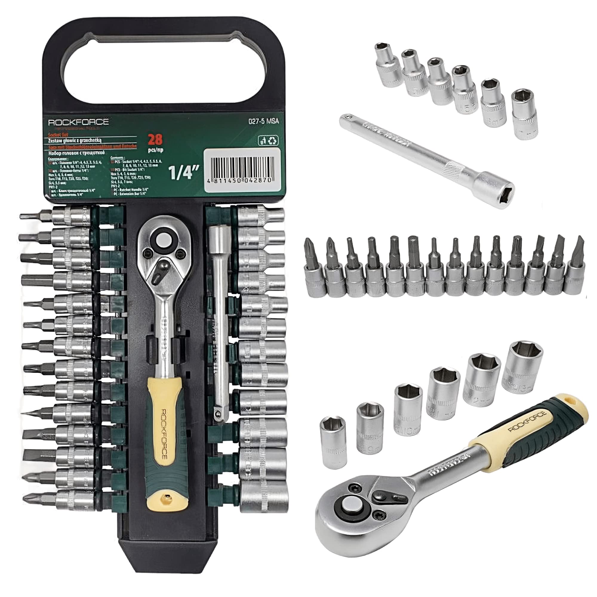 ROCKFORCE Socket Ratchet Set 28 Pieces 1/4" Kit Tool Handle on a Plastic Holder