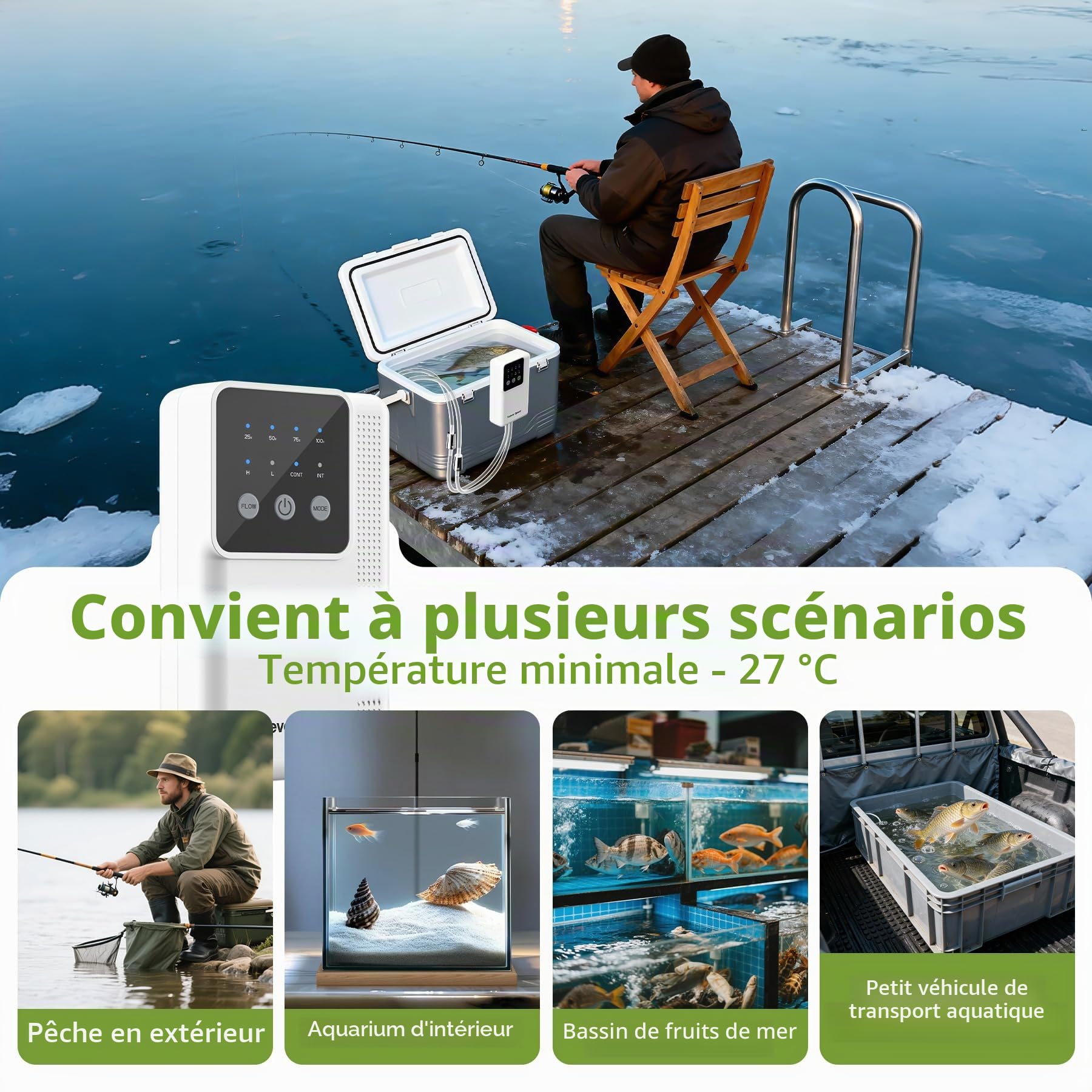 Forever Speed Pompe à air pour Aquarium LED Rechargeable, Réglable Pompe à air Aquarium avec Batterie avec 2 Sorties pour la Pêche en Extérieur