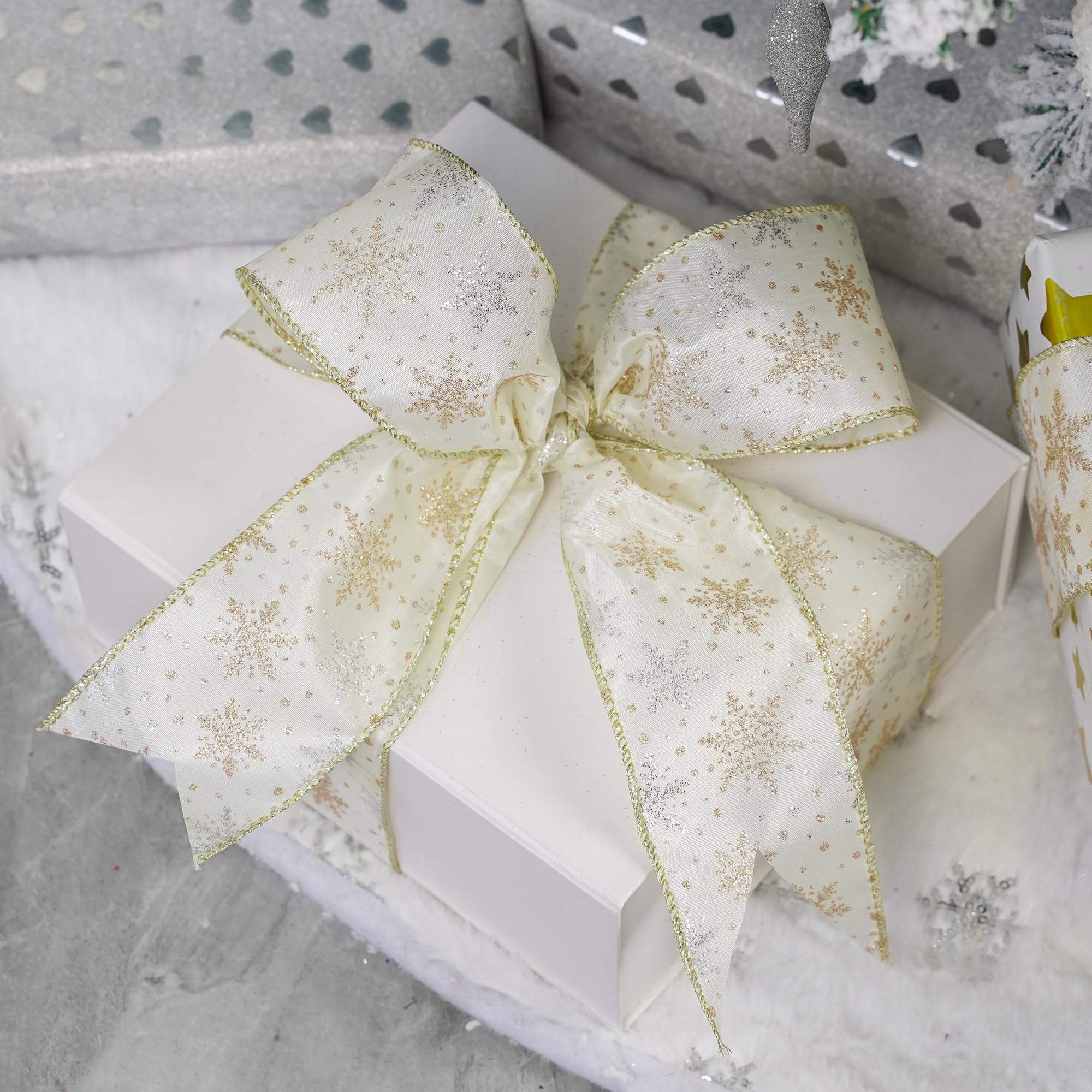 6 Rubans Satin Flocon De Neige - 6,3 Cm X 2 M, Doré - Pour Décorations Noël, Emballage Cadeaux, Nœuds