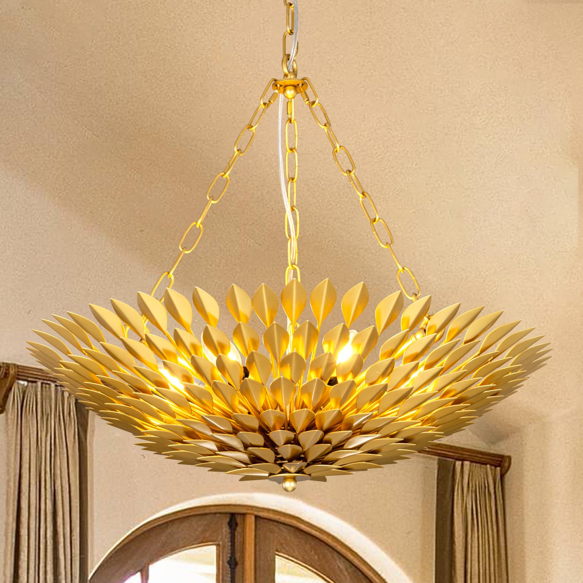 TOCHIC Gold Leaf Chandelier, 6 Lights Farmhouse Chandelier for
