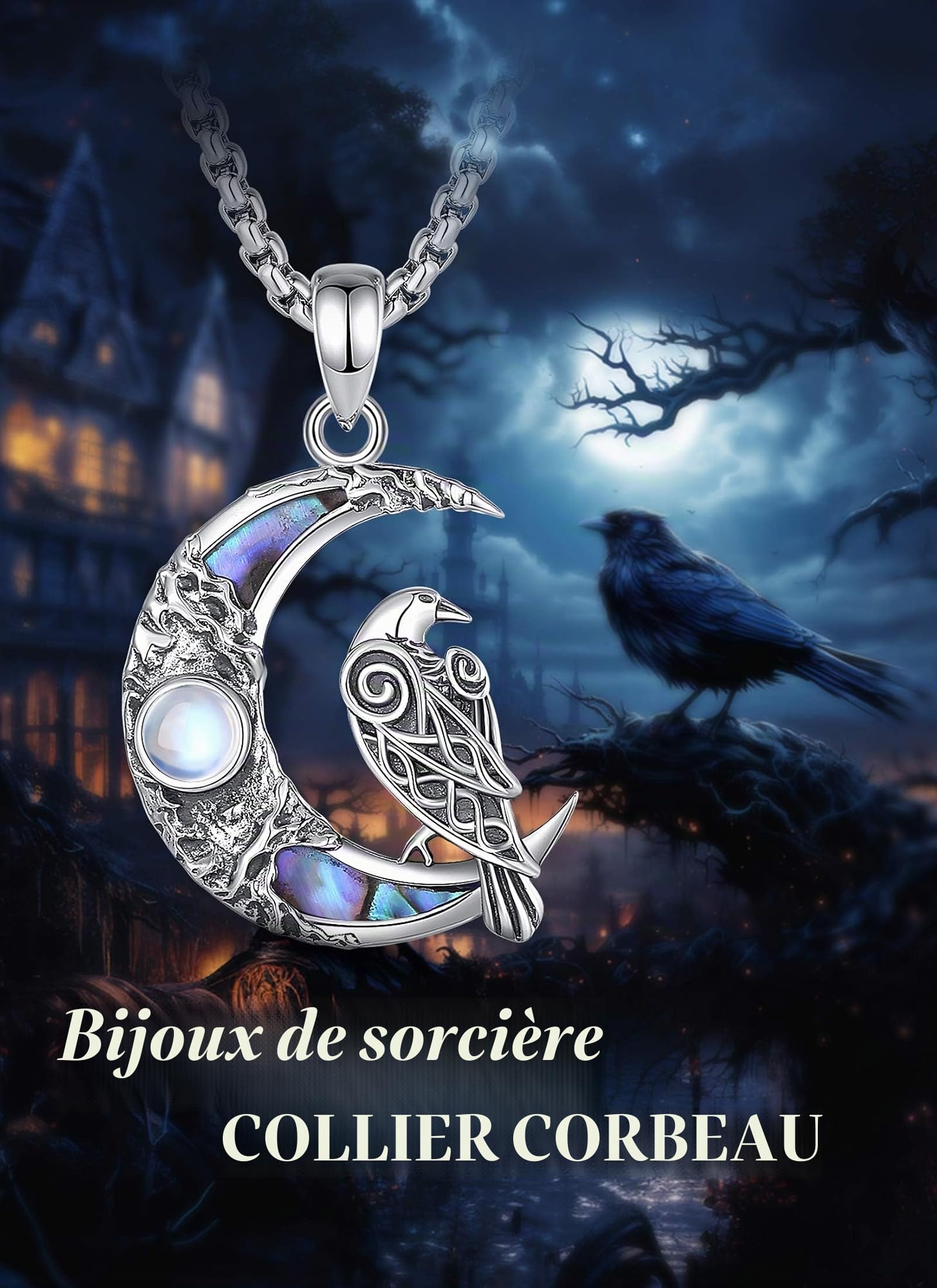 CELESTIA Collier Lune, Collier Sorciere Femme Pendentif Lune avec Pierre de Lune Argent 925 Bijoux Wicca Cadeau Sorcière Païens Spirituel Cadeau Femme