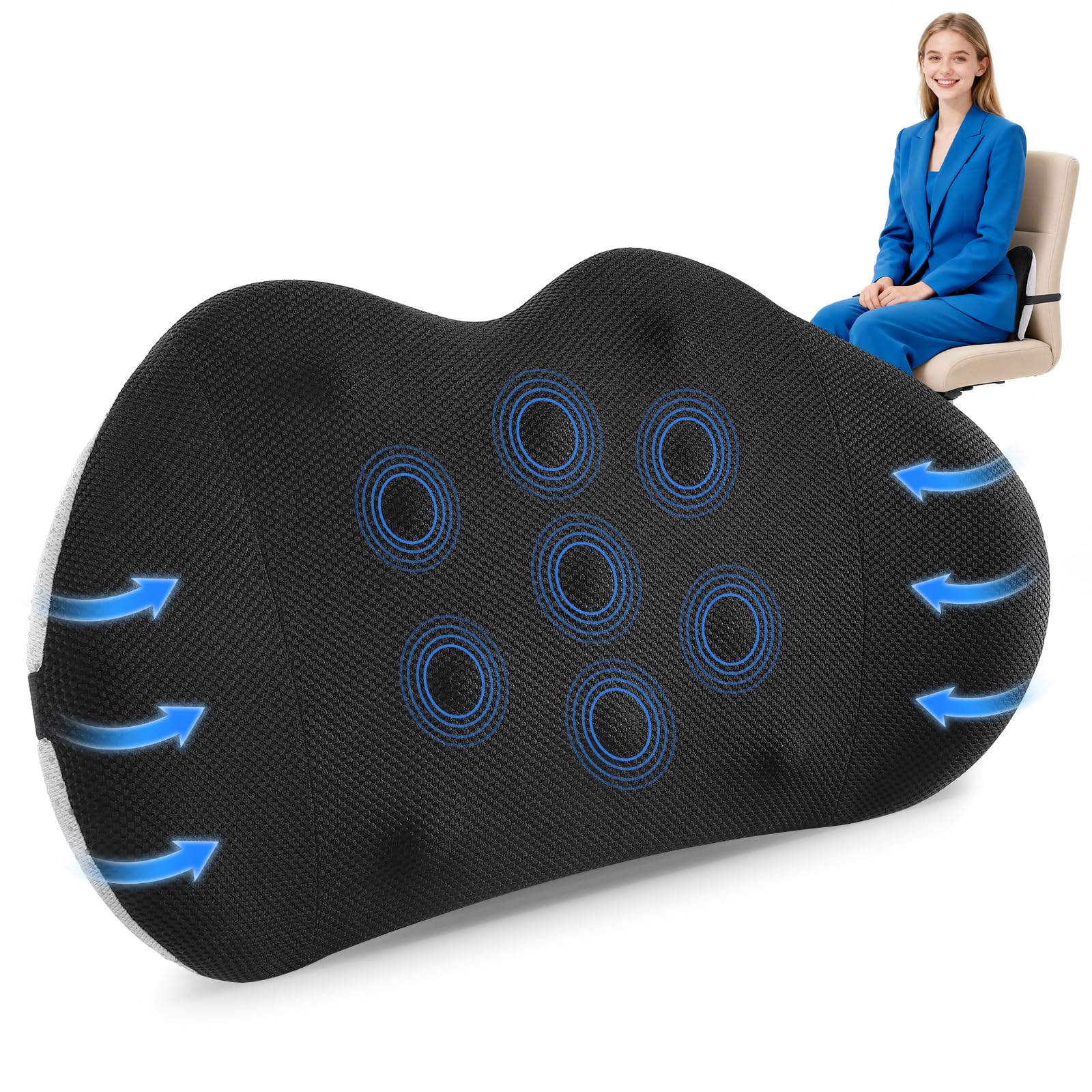 QUTOOL Lumbar Support Cushion – Memory Foam Back Support Cushion with Breathable Mesh Cover & Adjustable Strap, Lumbar Support Pillow for Office Chair, Car & Gaming Chair