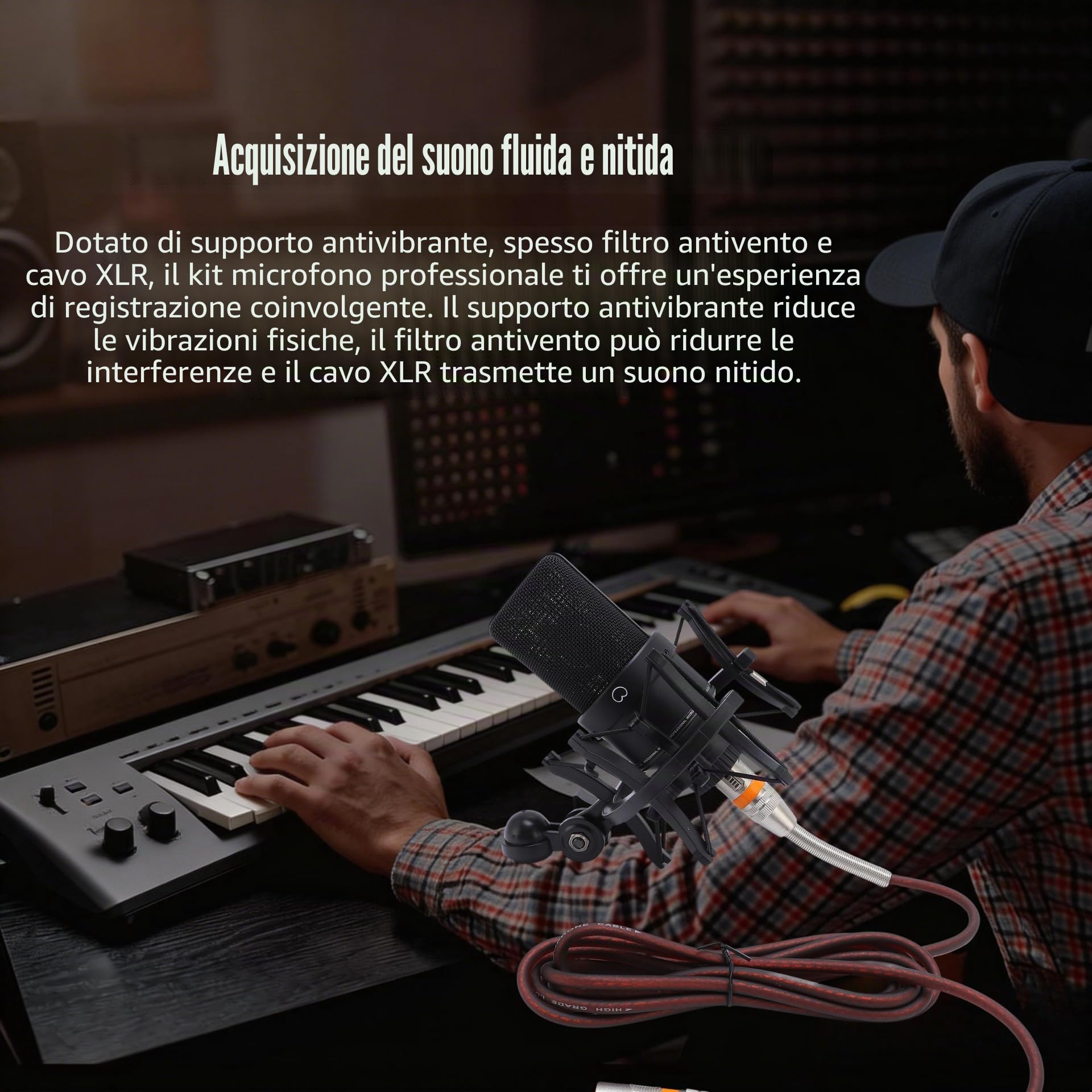 Microfono a condensatore XLR da 26 mm, a grande membrana, con supporto antiurto, uscita XLR e filtro pop per streaming, registrazioni, giochi, produzione musicale