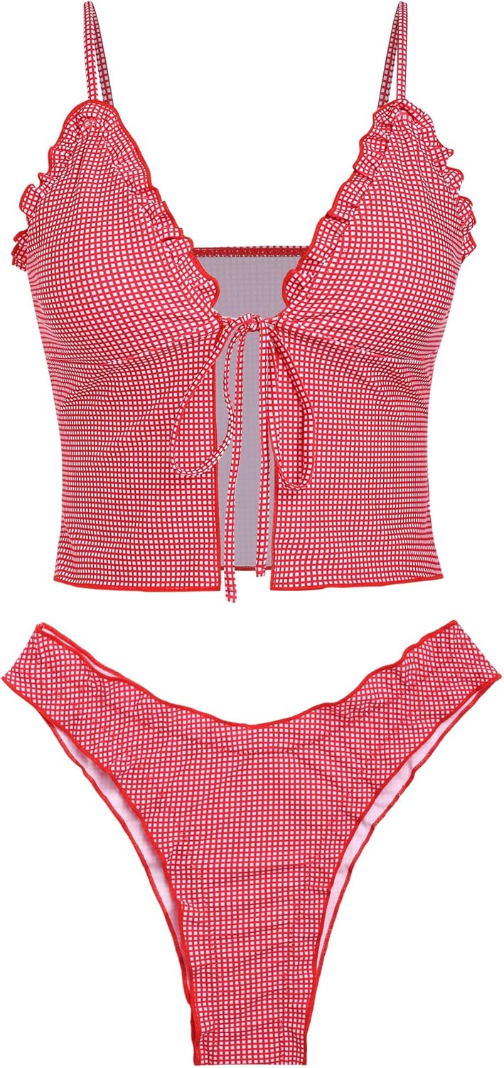 seamoly Women's Tankini Sets Tie Front Ruffle Bikini Set High Cut Thong Two Piece Swimsuit Floral Gingham Bathing Suit