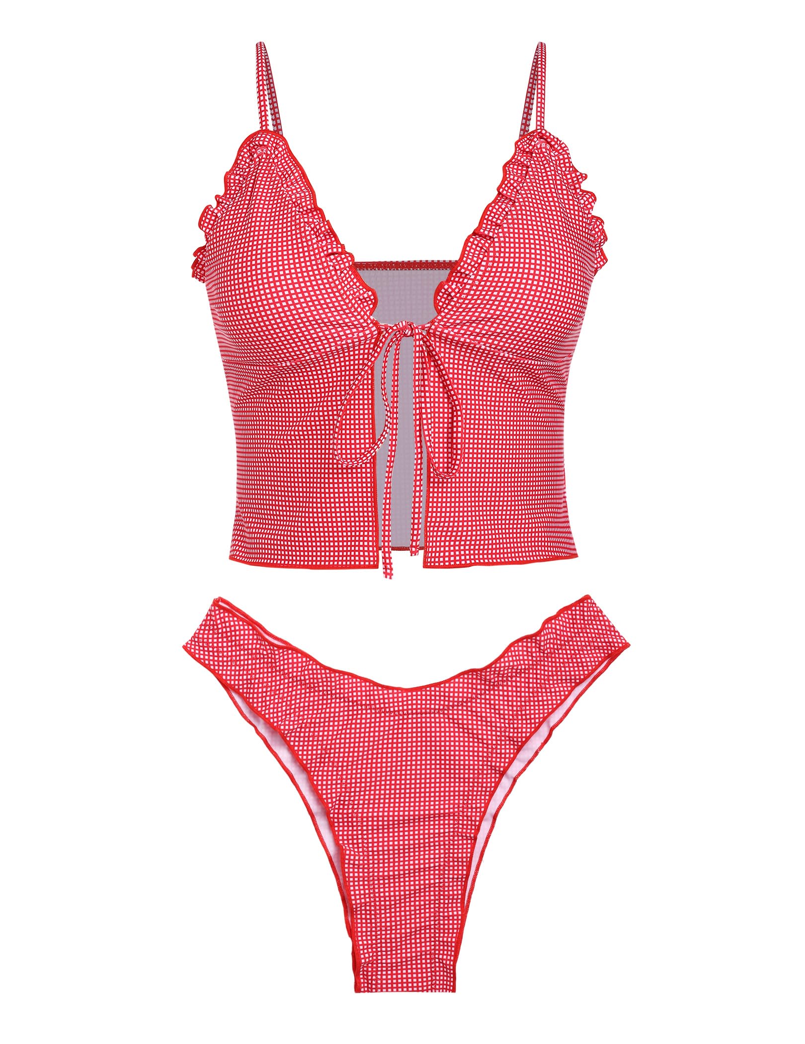 seamoly Women's 2 Piece Tankini Set with Tied Front Ruffles High Cut Thong Floral Gingham Swimwear-picture-37