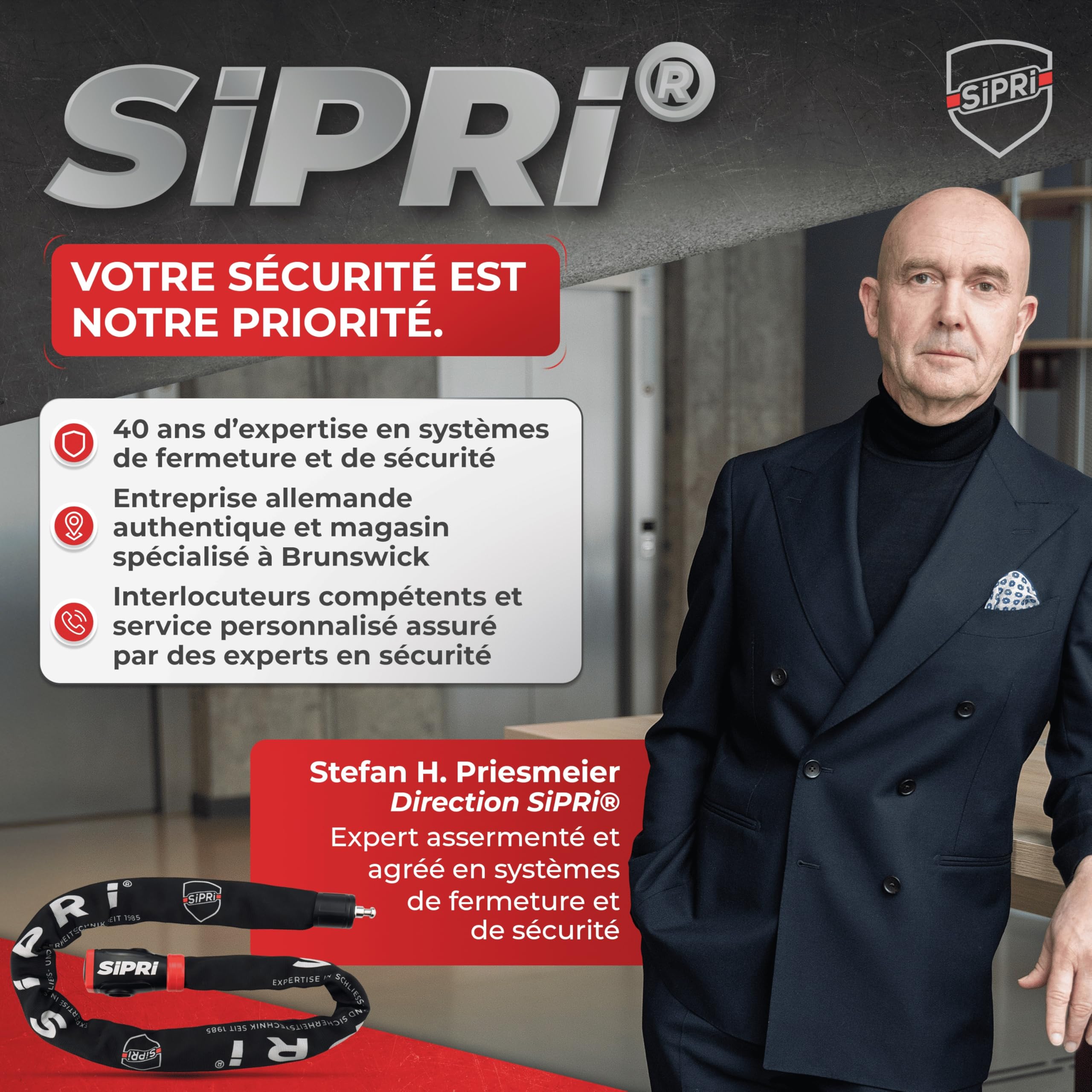 SIPRI Antivol pour vélo avec alarme 120 dB | Antivol à chaîne pour vélo | électrique, scooter électrique, moto, 8 mm en acier, résistant aux intempéries, robuste, durable, clé