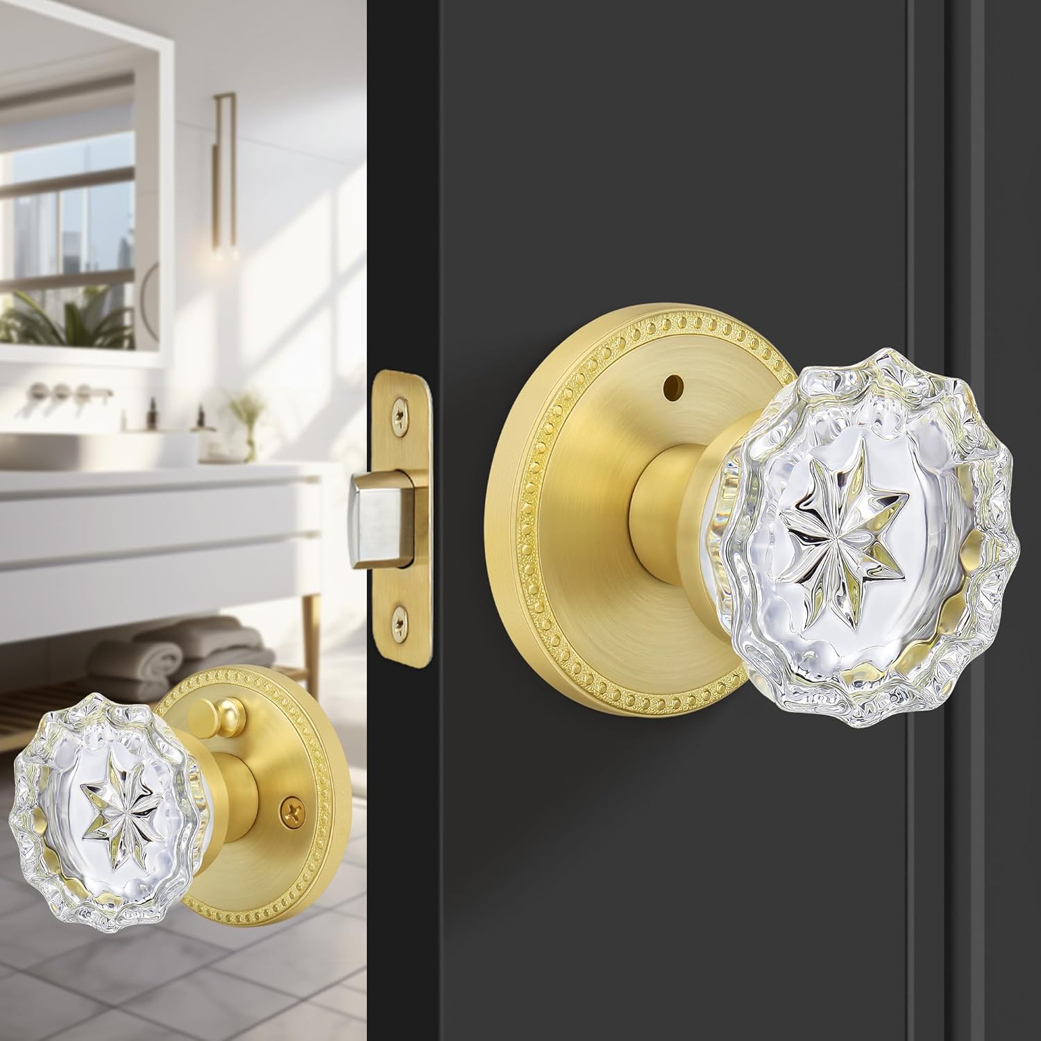 Vintage Crystal Glass Door Knob with Privacy Lock – Satin Brass Interior Knob for Bedroom or Bathroom
