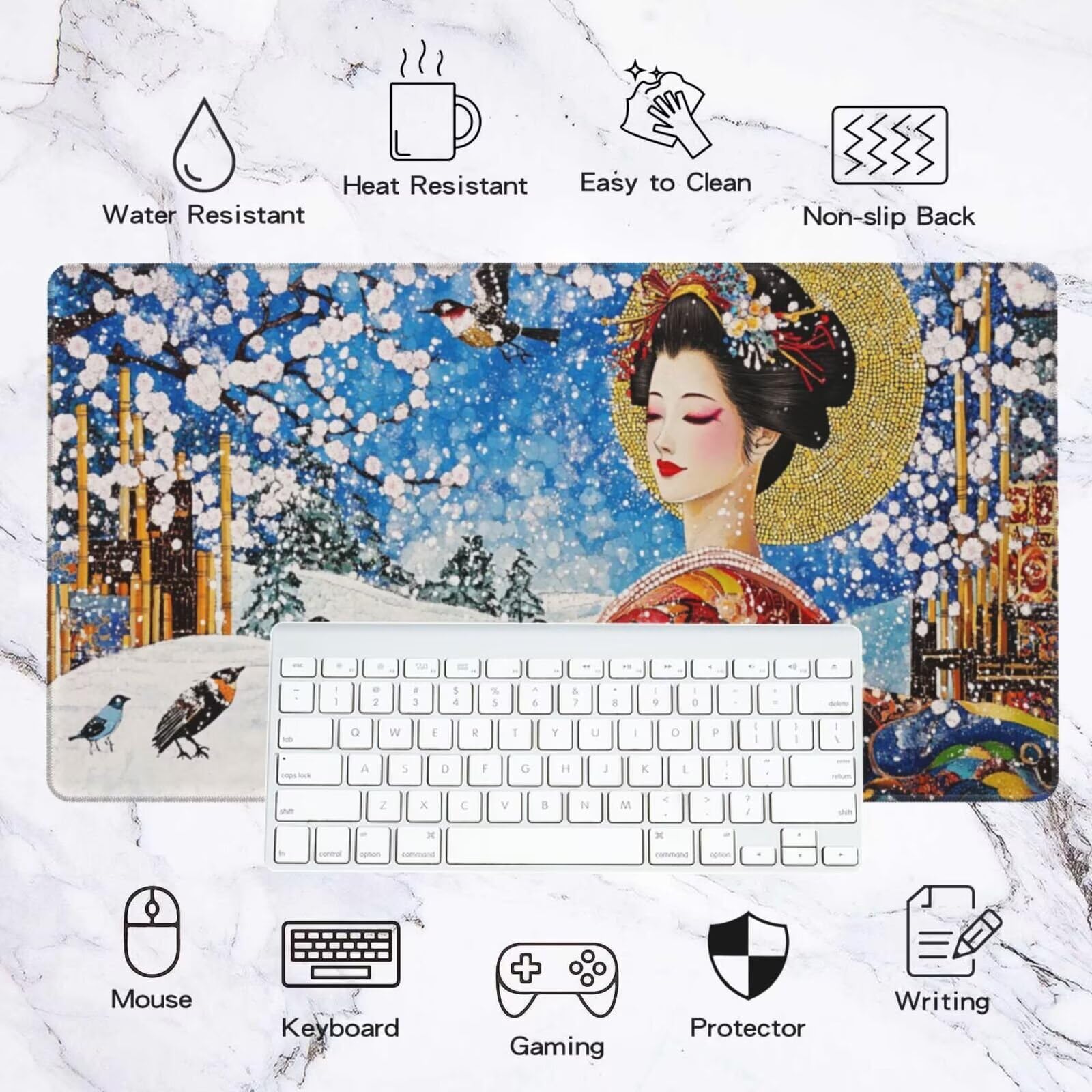 Alfombrilla Ratón Japón Alfombrilla Ratón XXL 1600 x 800 mm, Belleza Mouse Pad Gaming con Bordes Cosidos, Impermeable Mousepad XXL Base de Goma Antideslizante Duradera, Mouse Pad para Oficina Q904