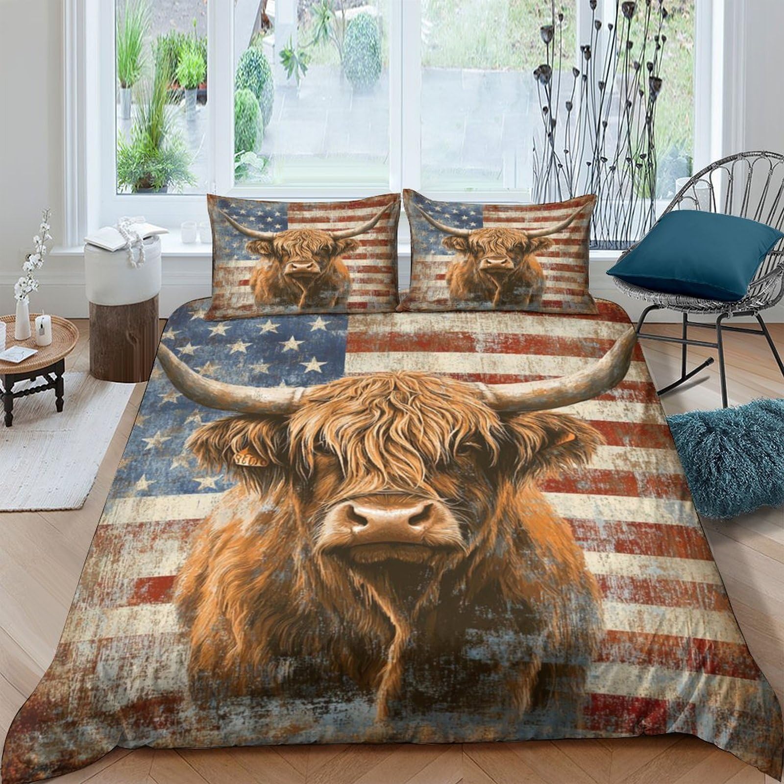 Ctjqhvkz Style-10 3D Printed Highland Cow American Flag Fitted Sheet Microfiber Soft Rustic Farmhouse Mattress Cover Bedroom Decor Single（135X200cm）