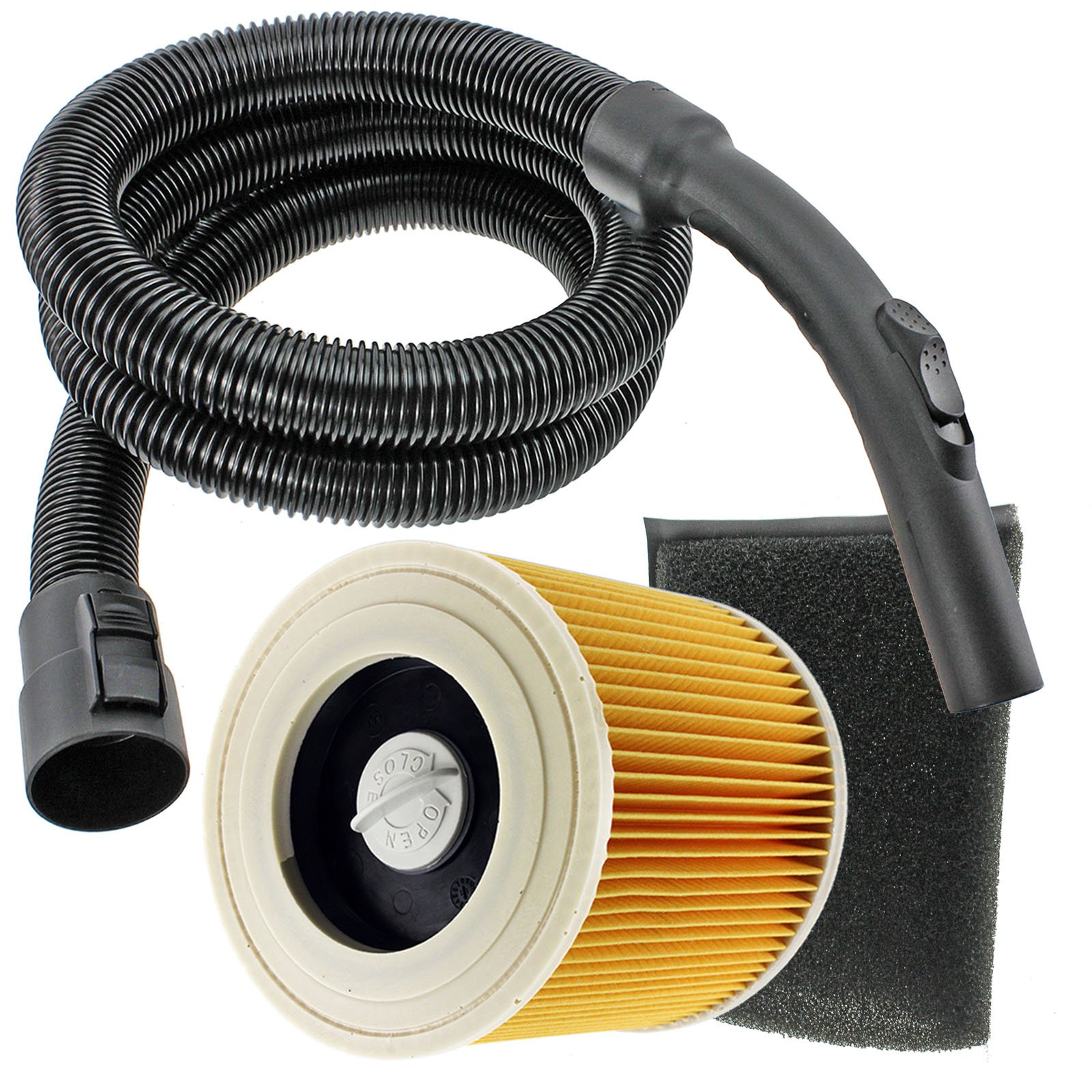 Spares2go Black Complete Pipe Hose Handle + Foam & Cartridge Filters Kit For Karcher Vacuum Cleaners (2 Metres)