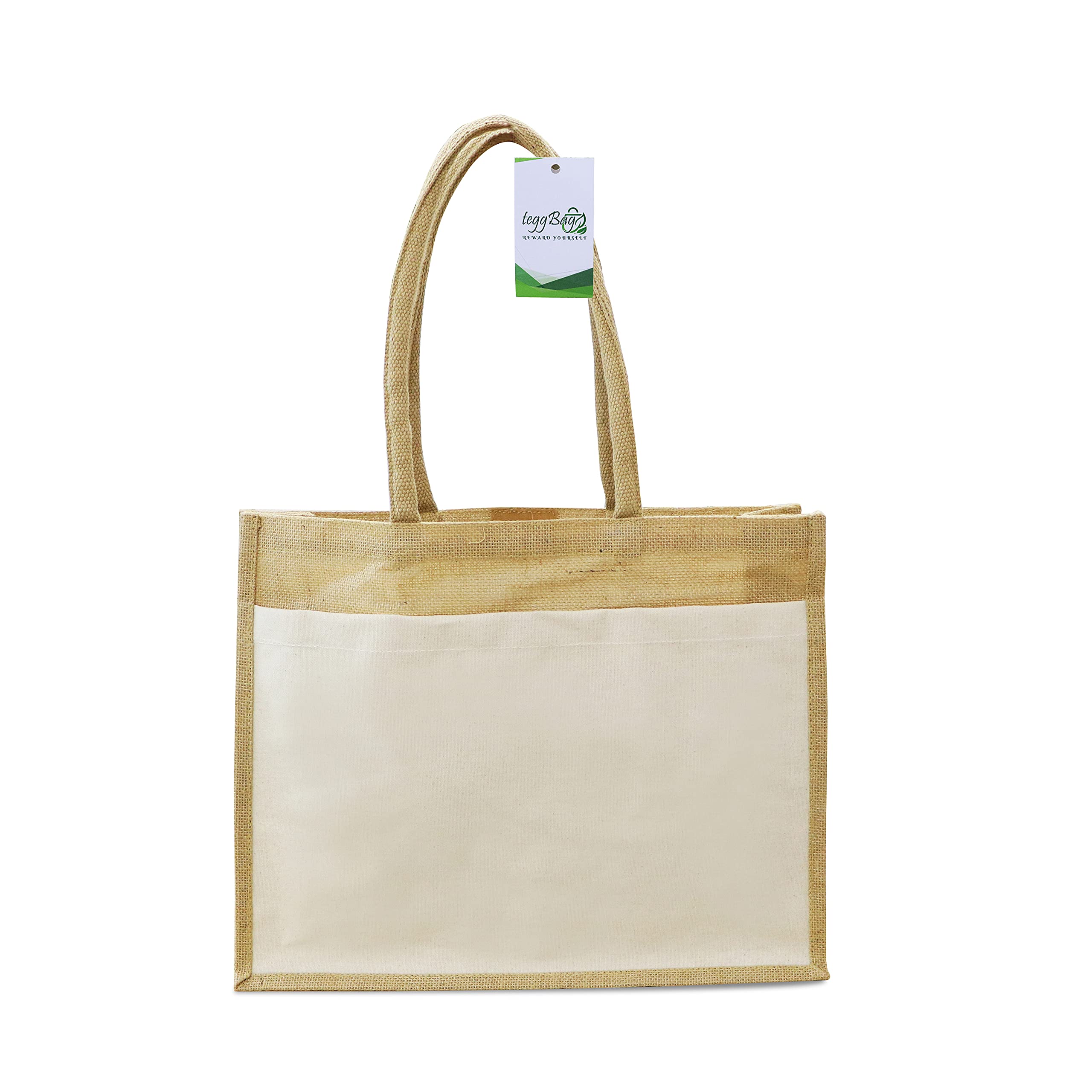 Large Eco friendly Burlap Jute Tote Bag with Canvas Pocket,