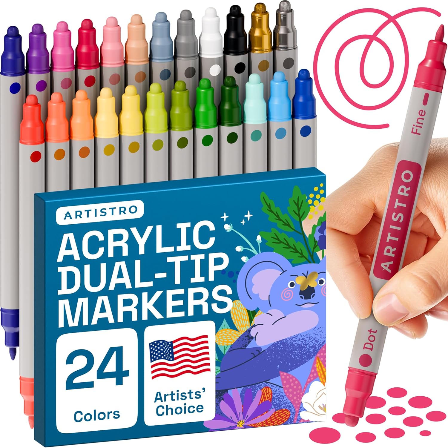 ARTISTRO 24 Acrylic Paint Pens, Acrylic Paint Markers, Fabric Markers for Textile, Canvas, Rock, Glass, Wood, Paper, Pumpkin, DIY, Paint Markers for Kids and Adults (Dual Tip Dot + Fine, 24) 24 Dual T...