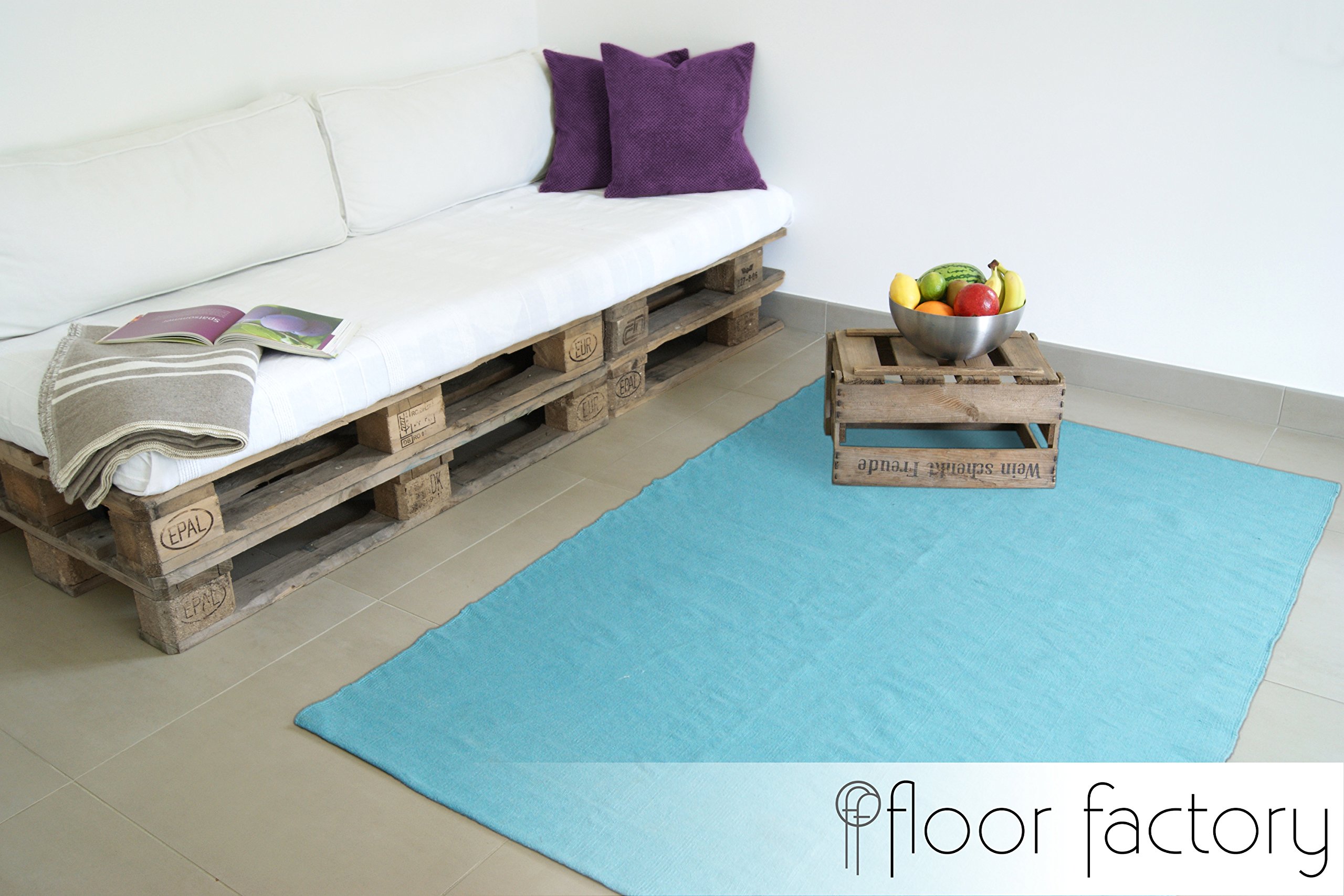 floor factory Moderner Baumwoll Teppich Living türkis/blau 160x230cm - waschbarer Webteppich aus 100% Baumwolle