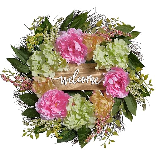 Spring Summer Wreath for Front Door Outside,Farmhouse Porch Door Decor,Pink Flower Wreath, Unique Welcome Peony and Hydrangea Wreath Indoor Outdoor Wedding Décor-20inch