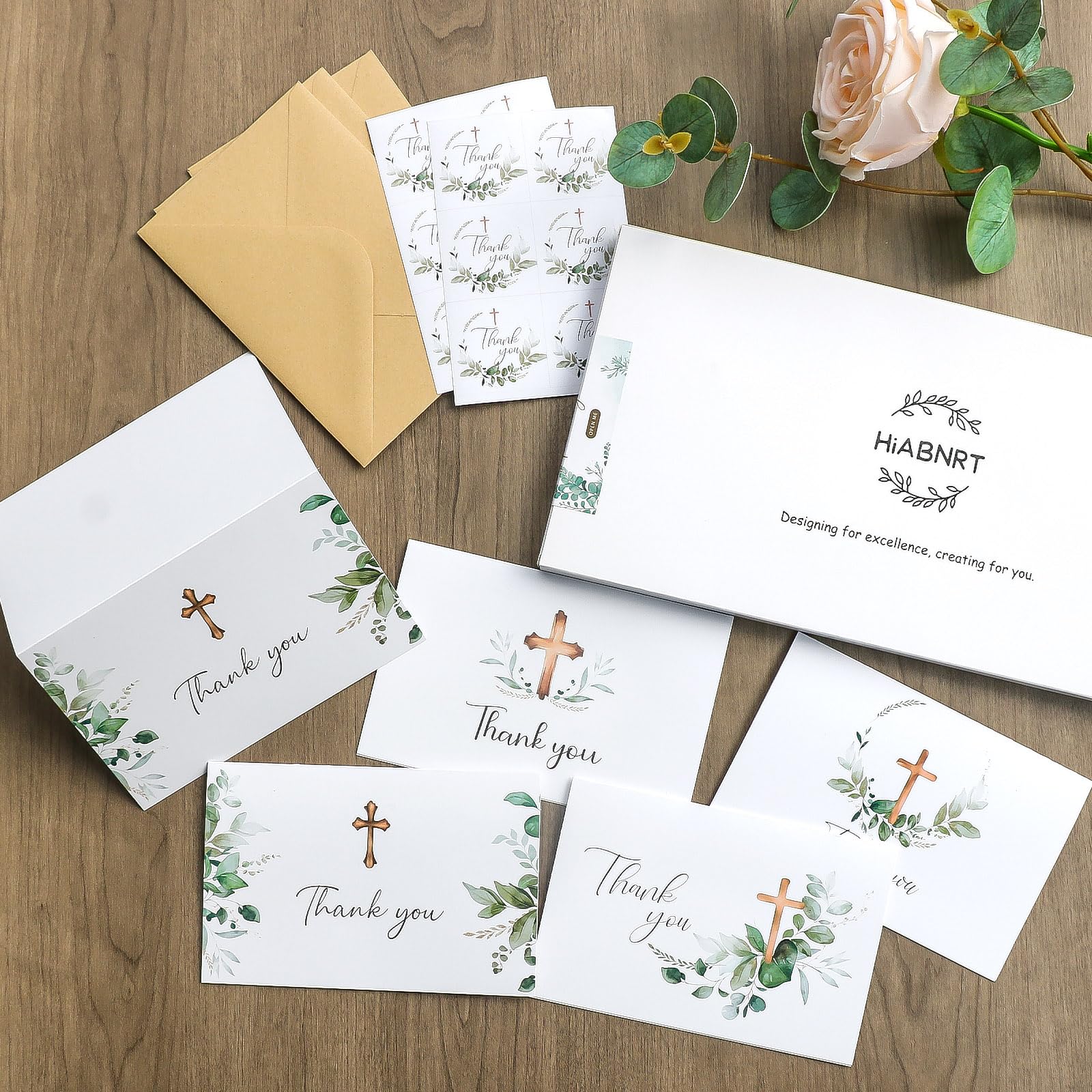 25 tarjetas de agradecimiento con sobres, 5 diseños de cruz verde en acuarela de 4 x 6 pulgadas, tarjeta de agradecimiento interior en blanco para bautizo a granel, boda, comunión, funeral,