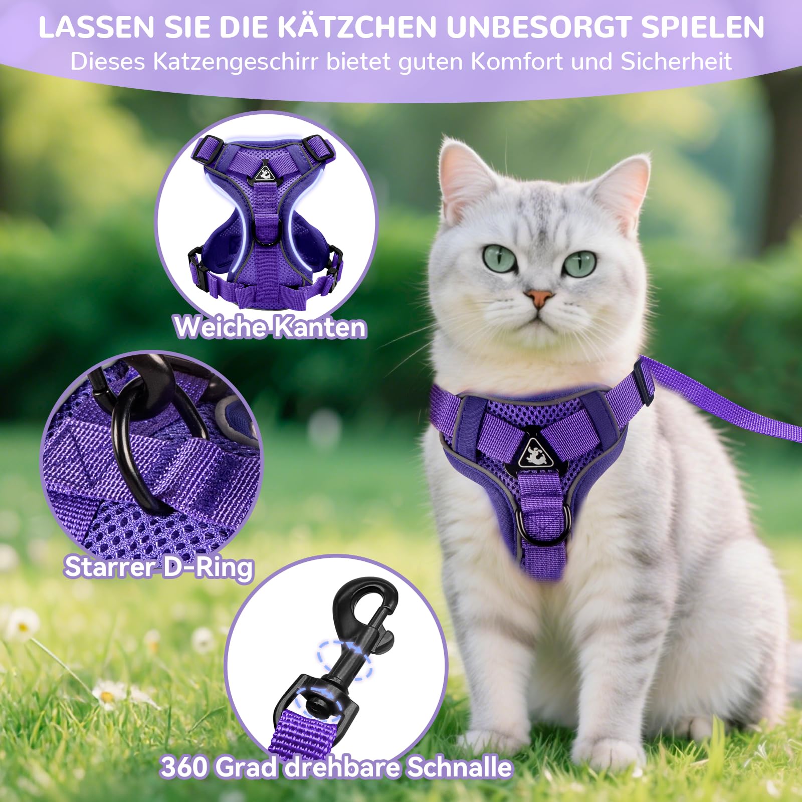 Arnés ajustable anti-rotura para gato con correa - Grantop - Arnés suave para gato - Morado oscuro - Talla XS — view 3
