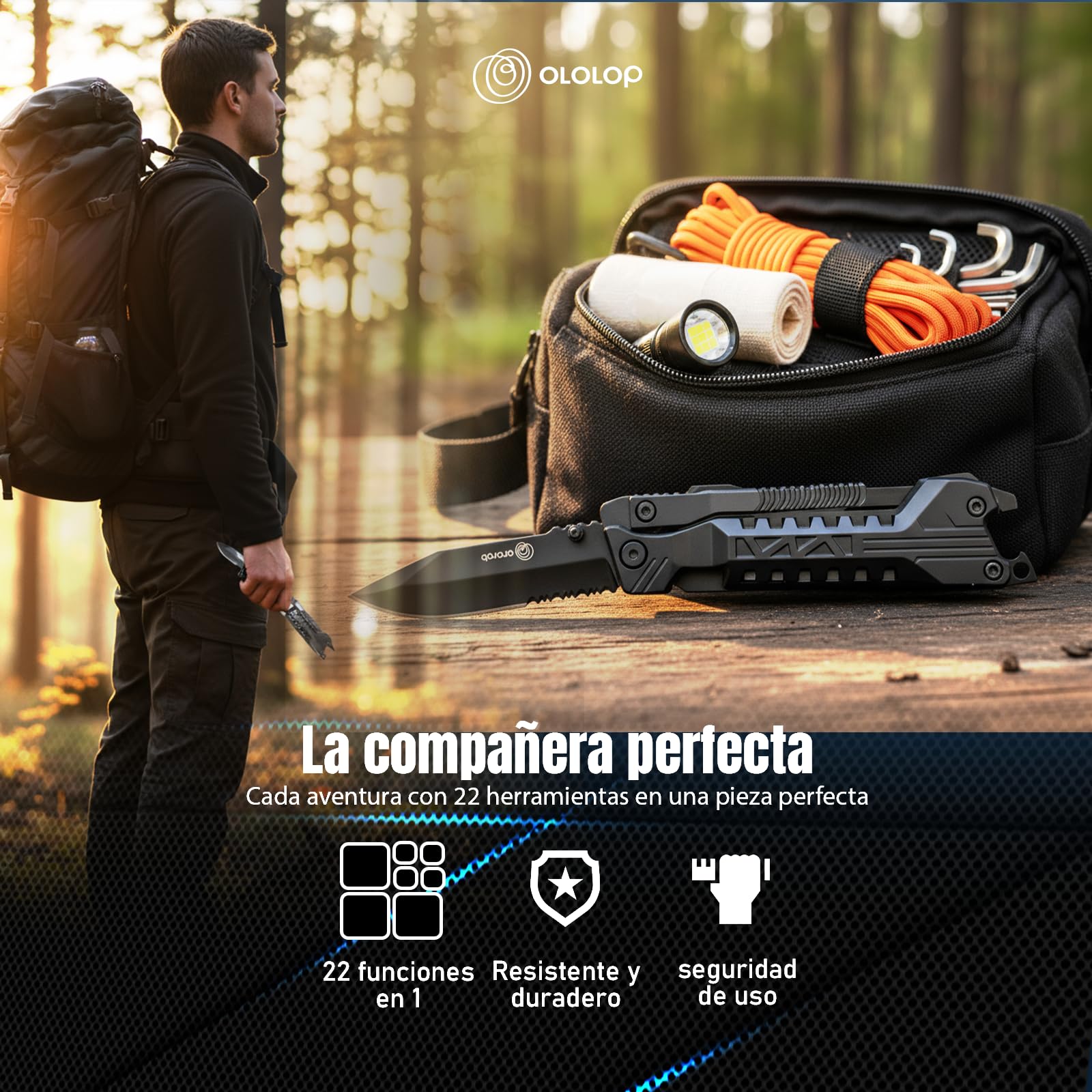 Navaja Multiherramienta 23 en 1 con Funda para Cinturón, Pedernal y Silbato — Acero Inoxidable Resistente para Camping, Senderismo y Emergencias | Ololop® — view 7