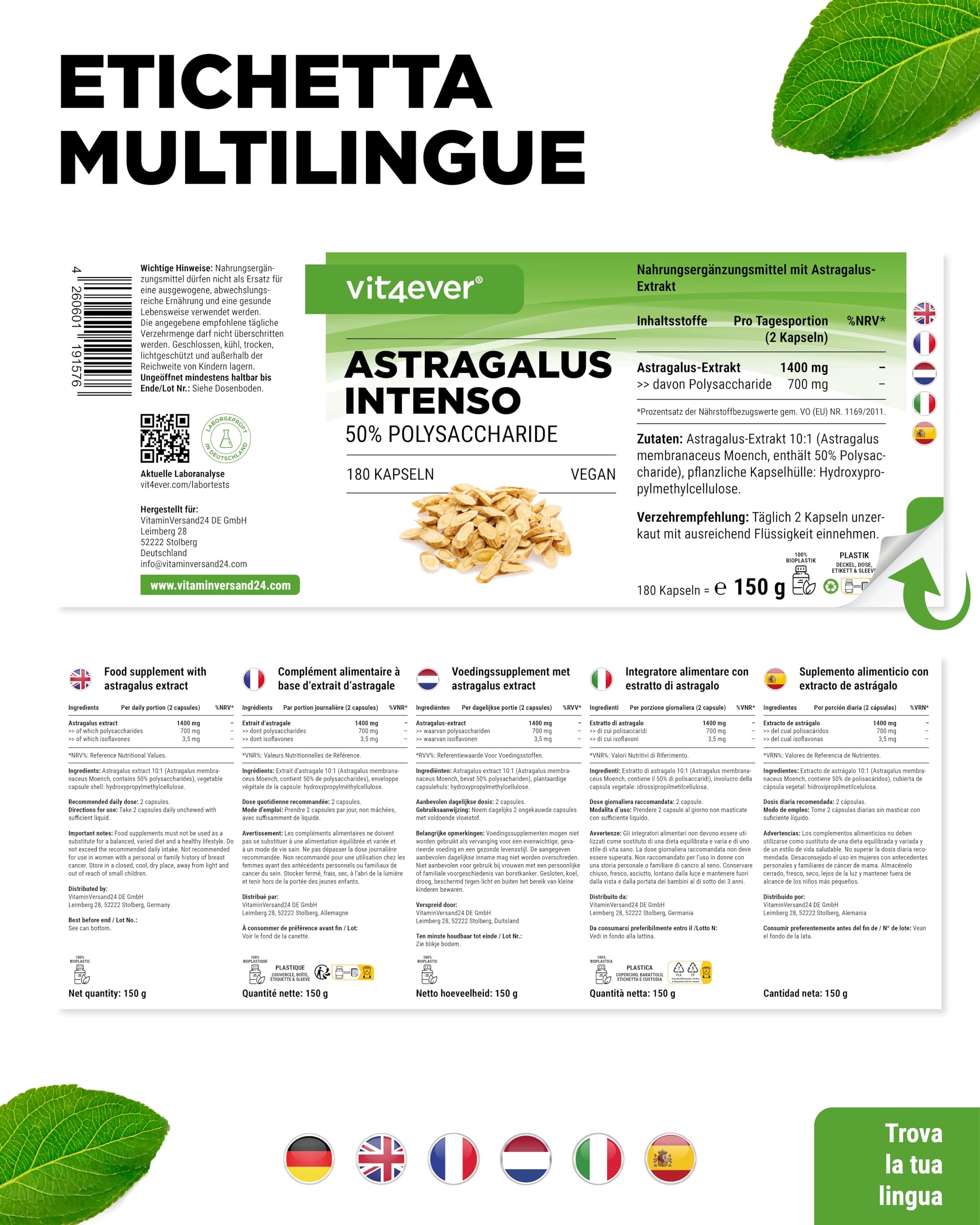vit4ever Astragalo - Altamente dosato con 1400 mg di estratto puro al giorno - 180 capsule - Premium: 50% polisaccaridi - Estratto puro di astragalo - Senza additivi indesiderati - Vegano