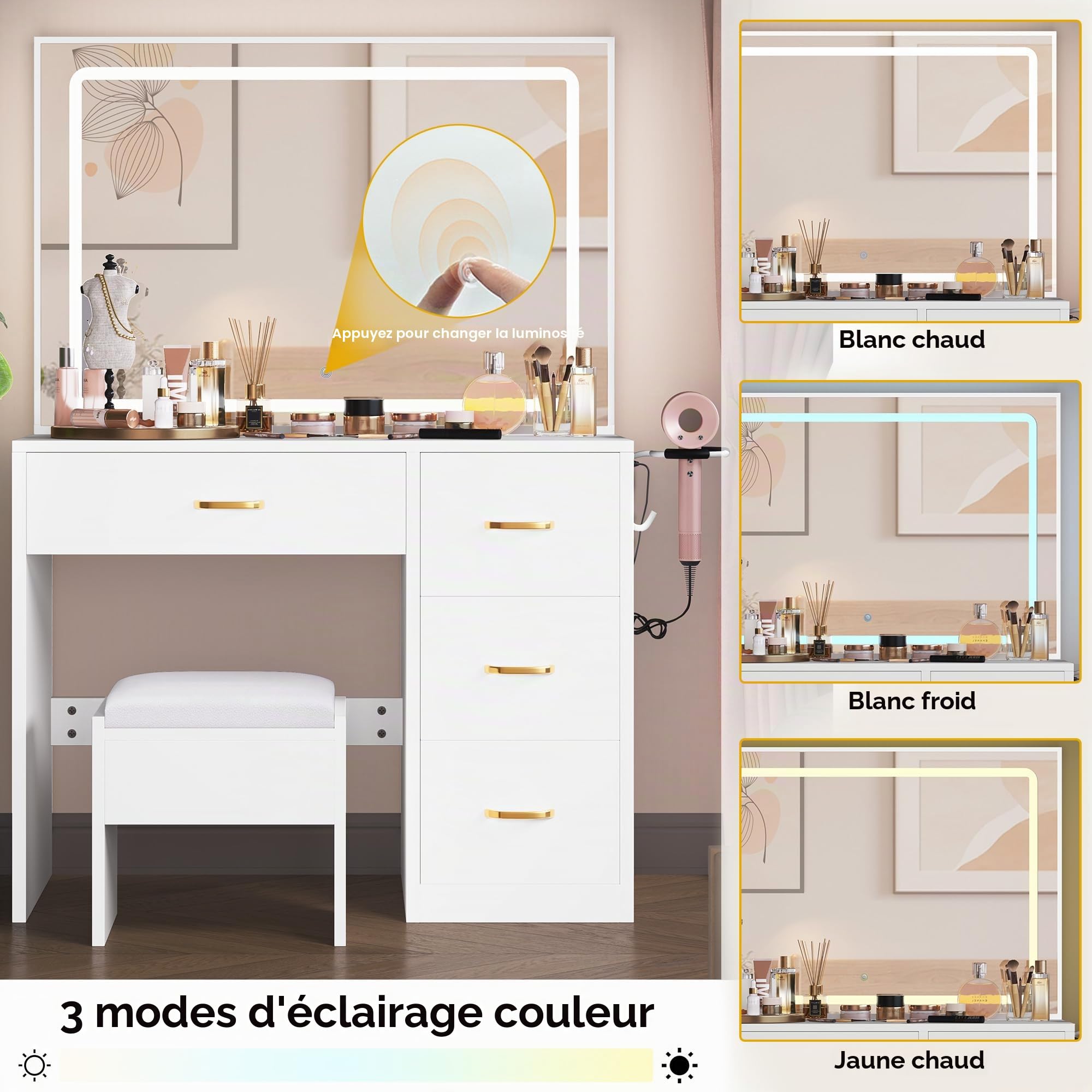 YITAHOME Coiffeuse avec éclairage LED réglable et Prises, Coiffeuse avec 4 tiroirs et Tabouret, Blanche (Table de Maquillage, Table de Maquillage, Vanity Table)