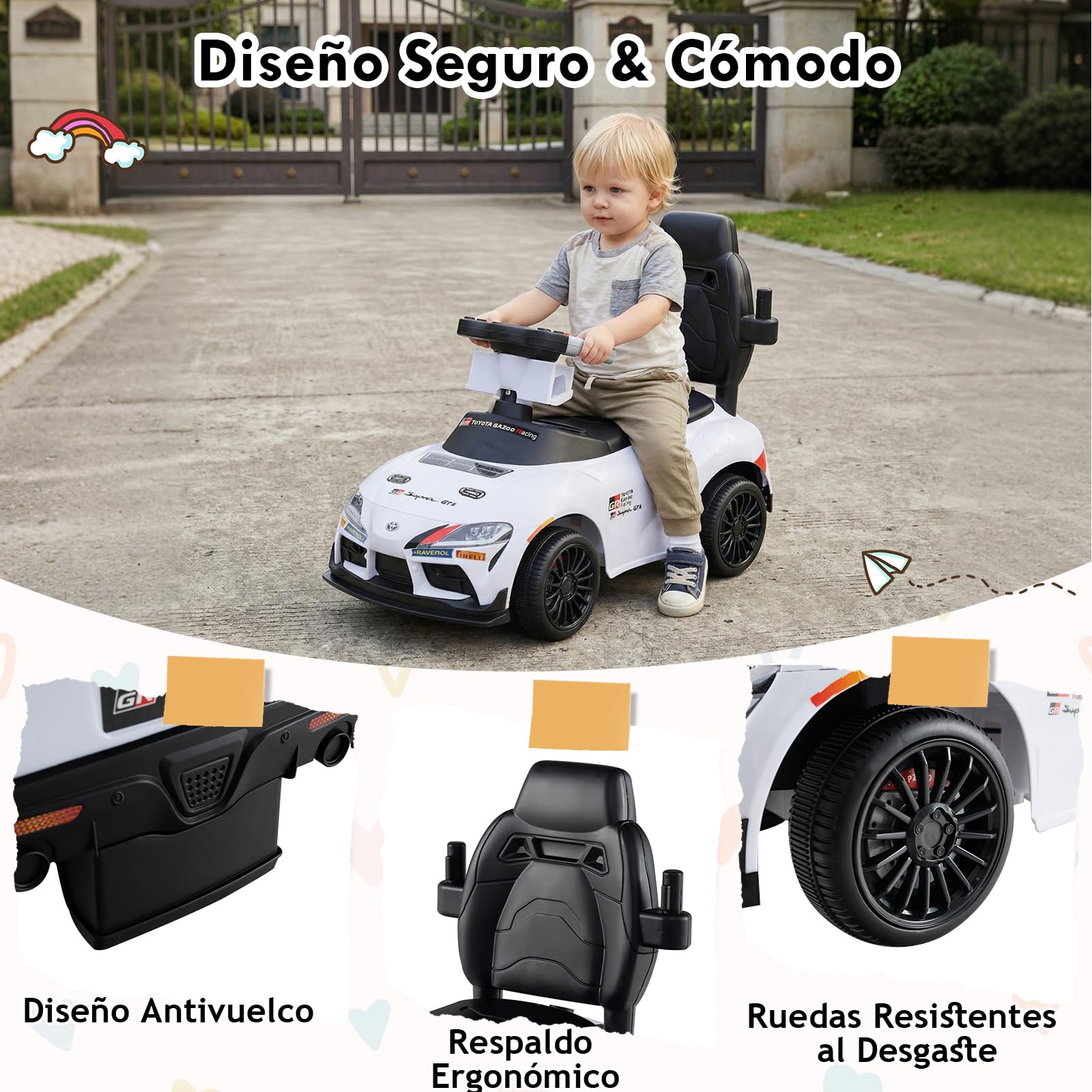 GOPLUS Correpasillo 3 en 1, Coche Correpasillos para Niños con Barra de Empuje, Barandilla de Seguridad Desmontables, Volante con Sonido y Música, Almacenaje bajo Asiento, para 1,5-5 Años (Blanco)