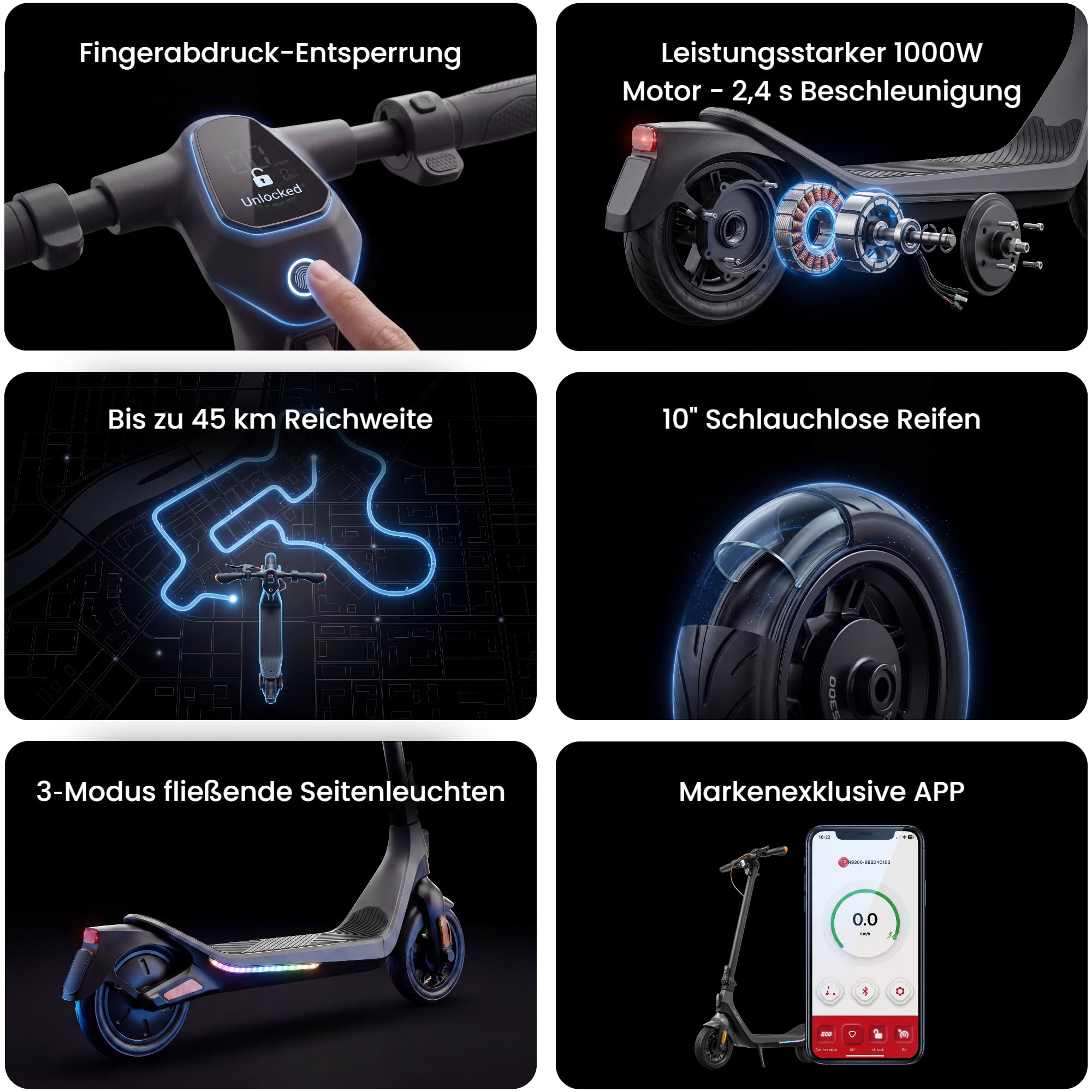 LAELIN RS-Serie E-Scooter mit Straßenzulassung und Fingerprint Sensor (20 km/h, bis zu 85km Reichweite, 45% Steigung, Schlauchlos, Dual-Bremsen, Display, App, TCS)
