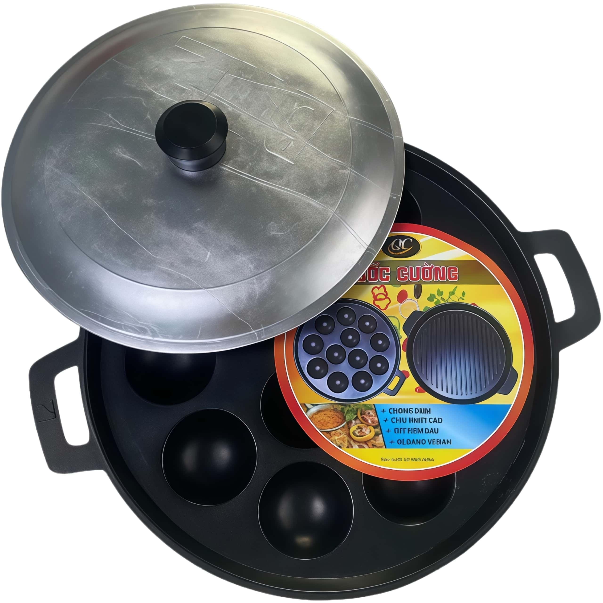 Photo 1 of Eiqijci Banh Khot Pan with Lid (Khuon Banh Khot) – 8-Cup Vietnamese Pancake Mold, 25 cm Round Aluminum Pan, ~2.36" Cups, Classic Domed Aluminum Lid, for Gas/Electric Stovetop, Home Street-Food Snacks
