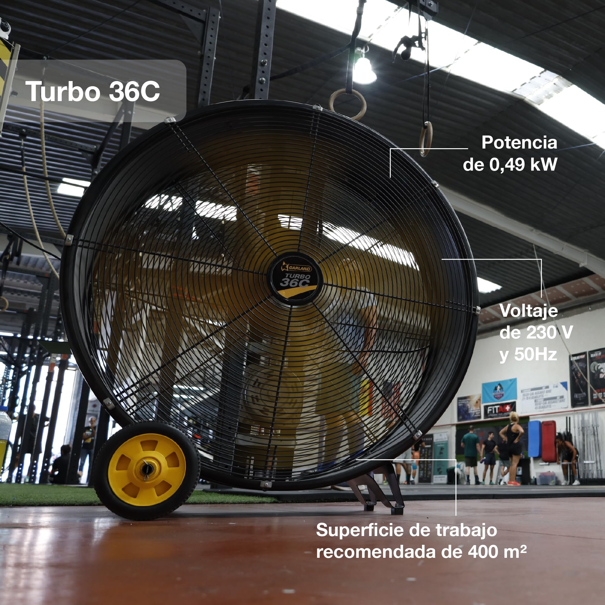 Garland TURBO 36C-V23 - Ventilador industrial de suelo 490W, 336 m³/min, 91 cm, transmisión por correa, con ruedas