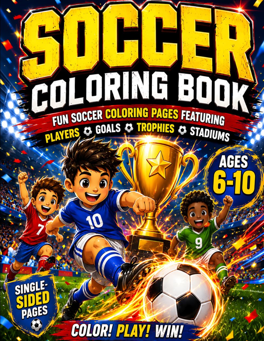 SOCCER COLORING BOOK: Fun Soccer Coloring Pages Featuring Players, Goals, Trophies, Stadiums, and Championship Celebrations