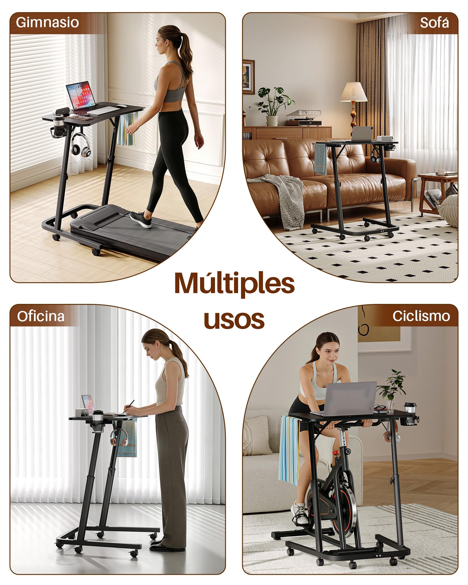 Mesa de entrenamiento con ruedas y altura regulable, mesita de noche y mesa para portátil, mesa auxiliar de altura ajustable para ciclismo en interiores y cinta de correr con soporte para bebidas y