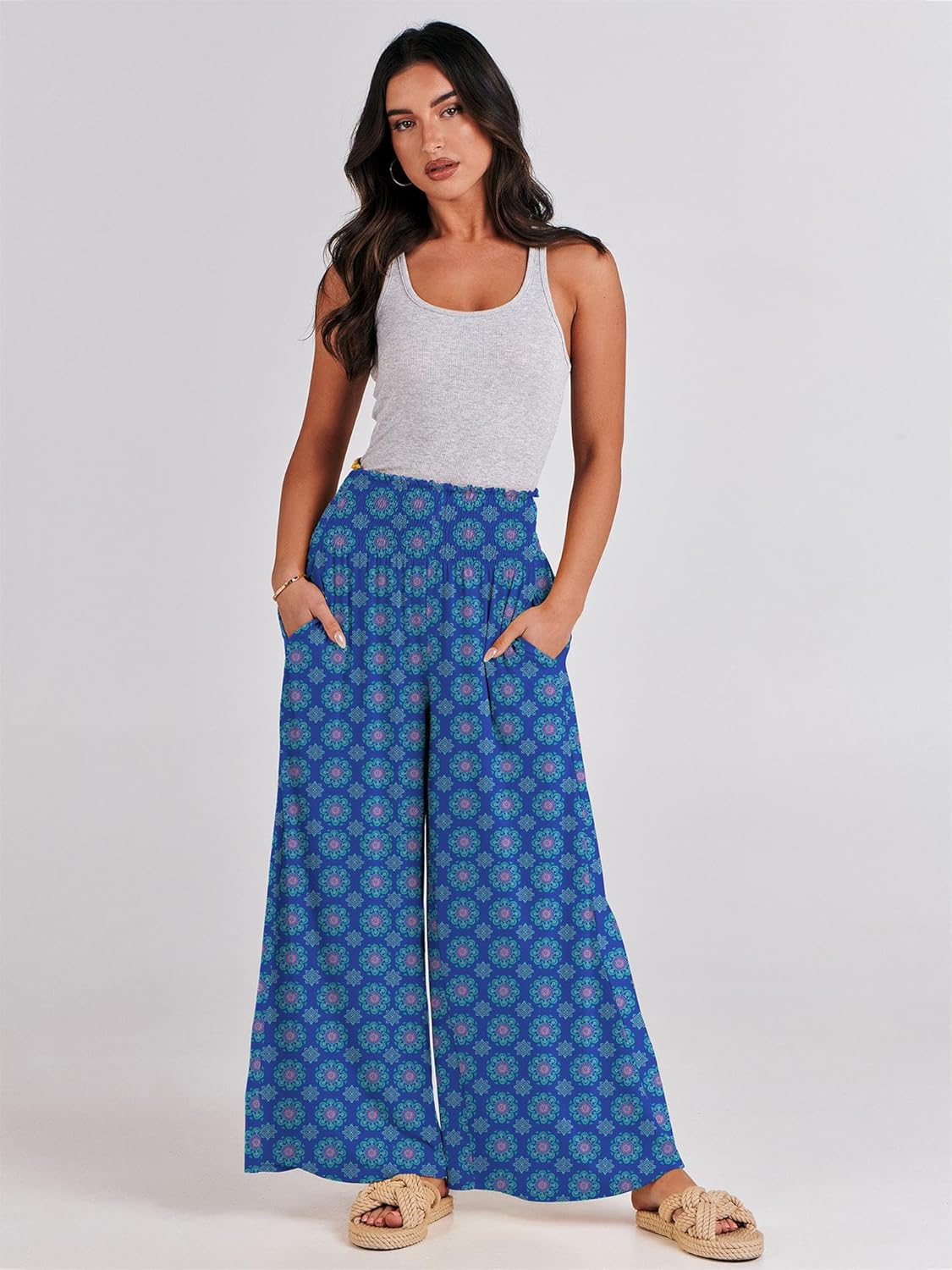 ANRABESS Women Palazzo Pants Summer Boho Bagyy Wide Leg High Smocked Waist Casual Loose Lounge Pant with Pocket - Image 6