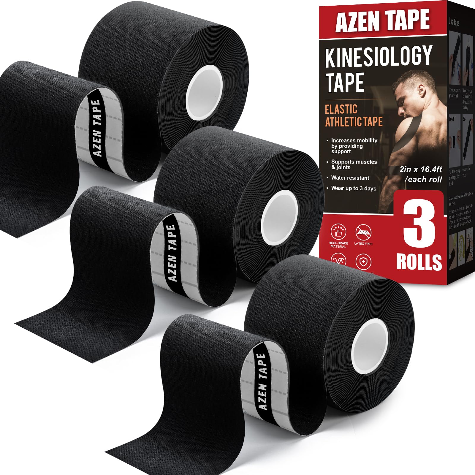 3 Rolls Kinesiology Tape, 16.4 ft Waterproof Kinetic Tape for Joints Support and Muscle Pain Relief, Athletic Tape, Uncut Muscle Tape, Knee Tape - Black