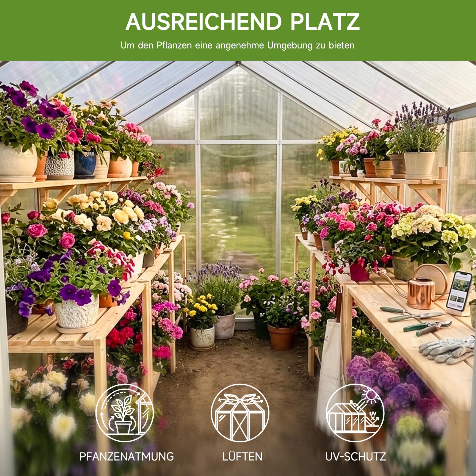 Gewächshaus mit Fundament – Aluminium Treibhaus mit PC-Platten, Anlehngewächshaus für Garten & Balkon, Gewächshaus Restposten, Gartengewächshäuser für Tomatenhaus & Pflanzen (177x181x193cm)