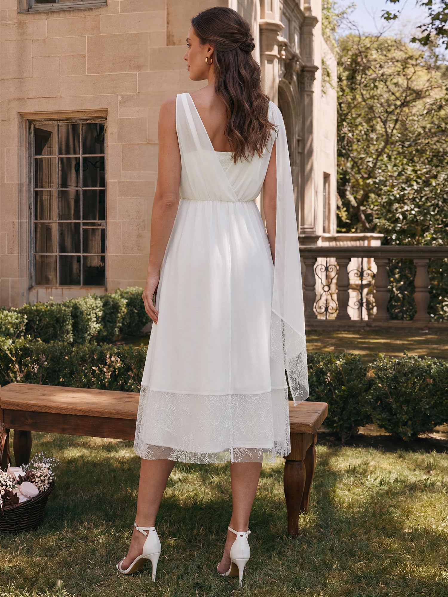 Ever-Pretty Robe de Soirée Midi en Mousseline Col V sans Manches Dentelle A-Ligne EG02746