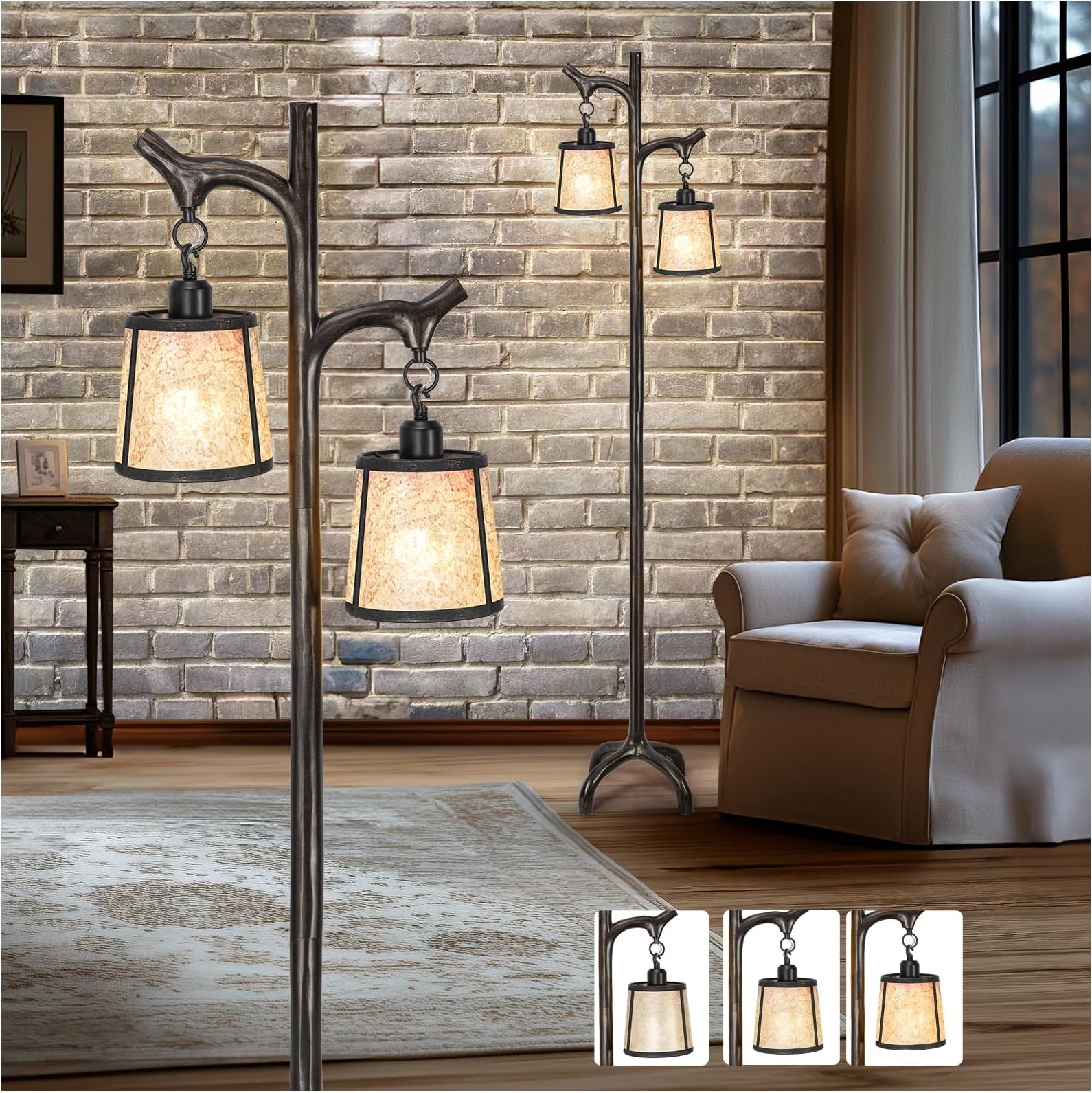 68" Farmhouse Floor Lamp with Mica Shade for Living Room,Modern Industrial Vintage Standing Floor Lamp for Bedroom,Stepless Dimmable Rustic Tree Trunk Tall Floor Lamp for Office (Bulb Included)