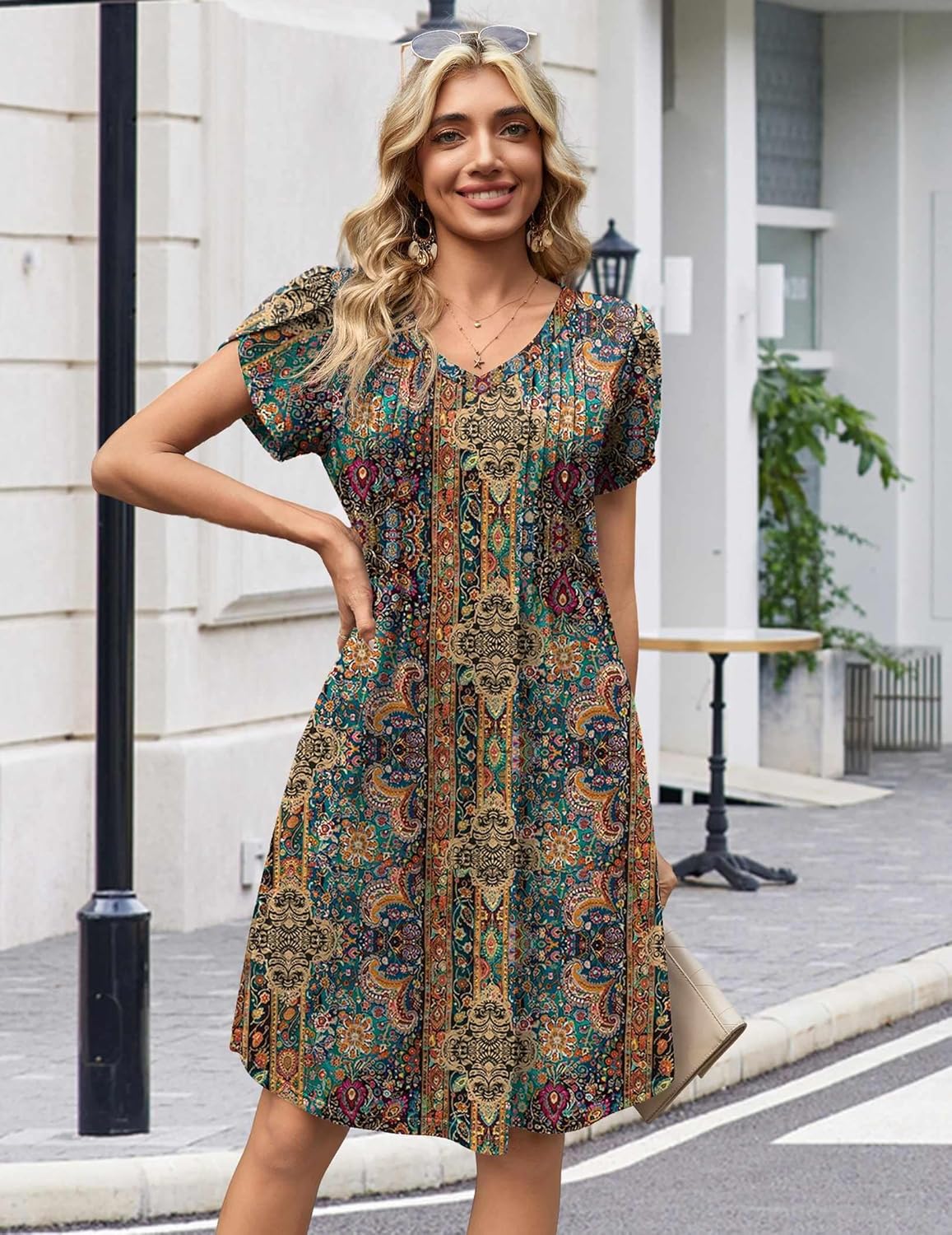 Zeagoo Summer Dresses for Women Casual A Line Dress 2026 V Neck Short Dresses Floral Sundress Pleated Boho Dress - Image 2