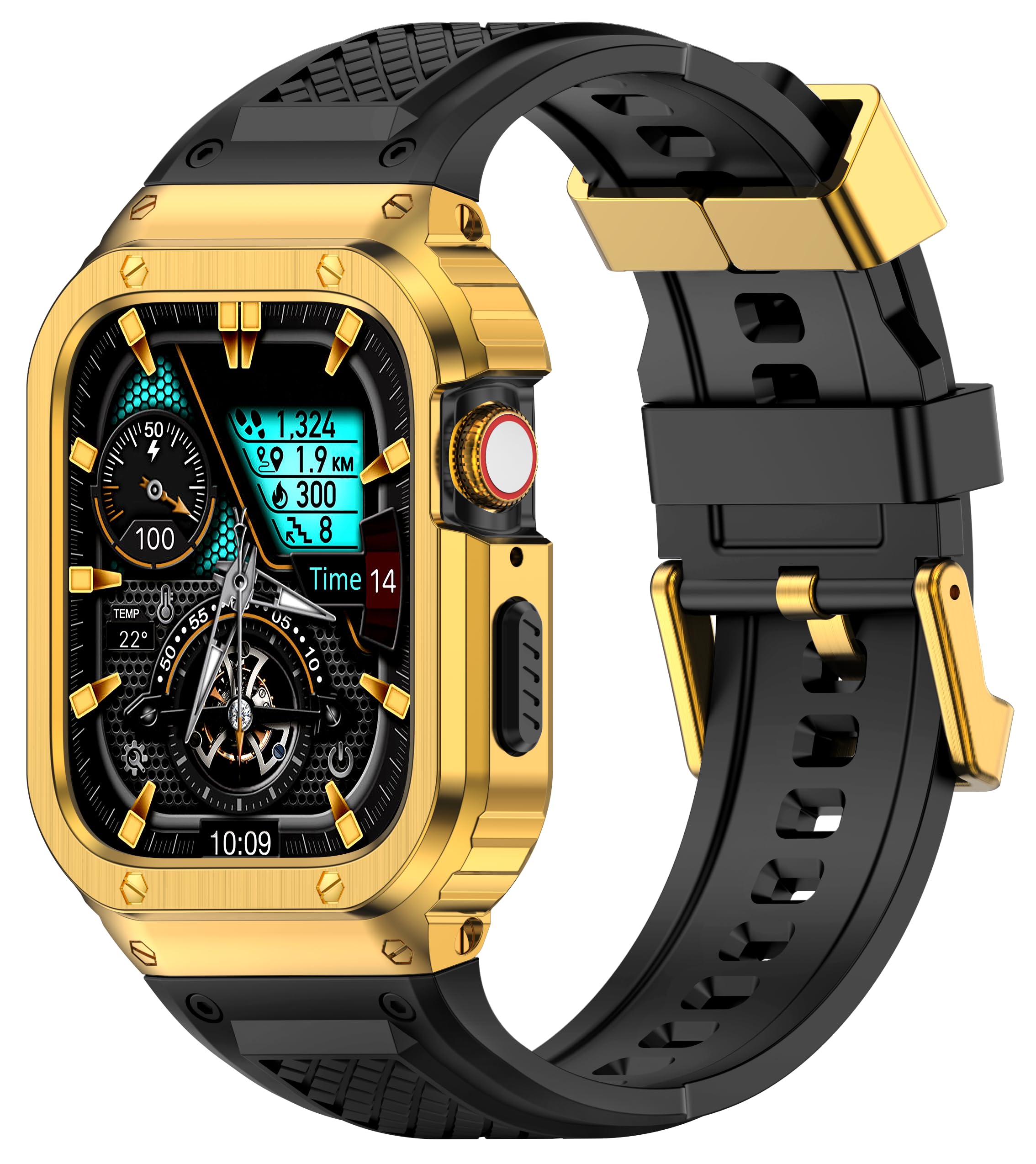 Deczone Band with Stainless Steel Case Compatible with Apple Watch Series 11 10 46mm Band, iwatch Bands Rugged Metal Protective Cover for Men (Gold)