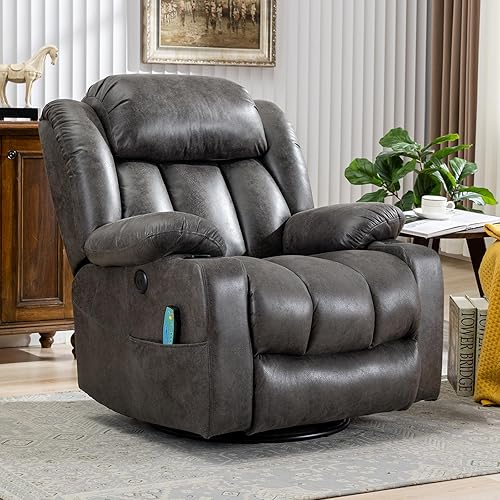 MEETWARM Massage Swivel Rocker Recliner with Heat and Vibration, Manual Glider Rocking Recliner Chair, 360Swivel Lounge Reclining Chair with Cup